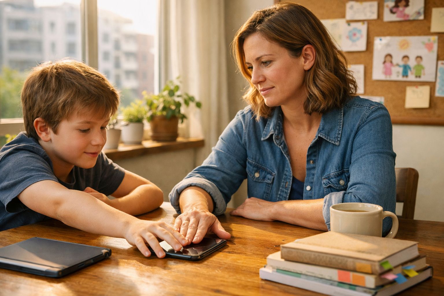 Mulher e criança sentados à mesa, a mulher segura o telemóvel enquanto o rapaz tenta alcançá-lo.