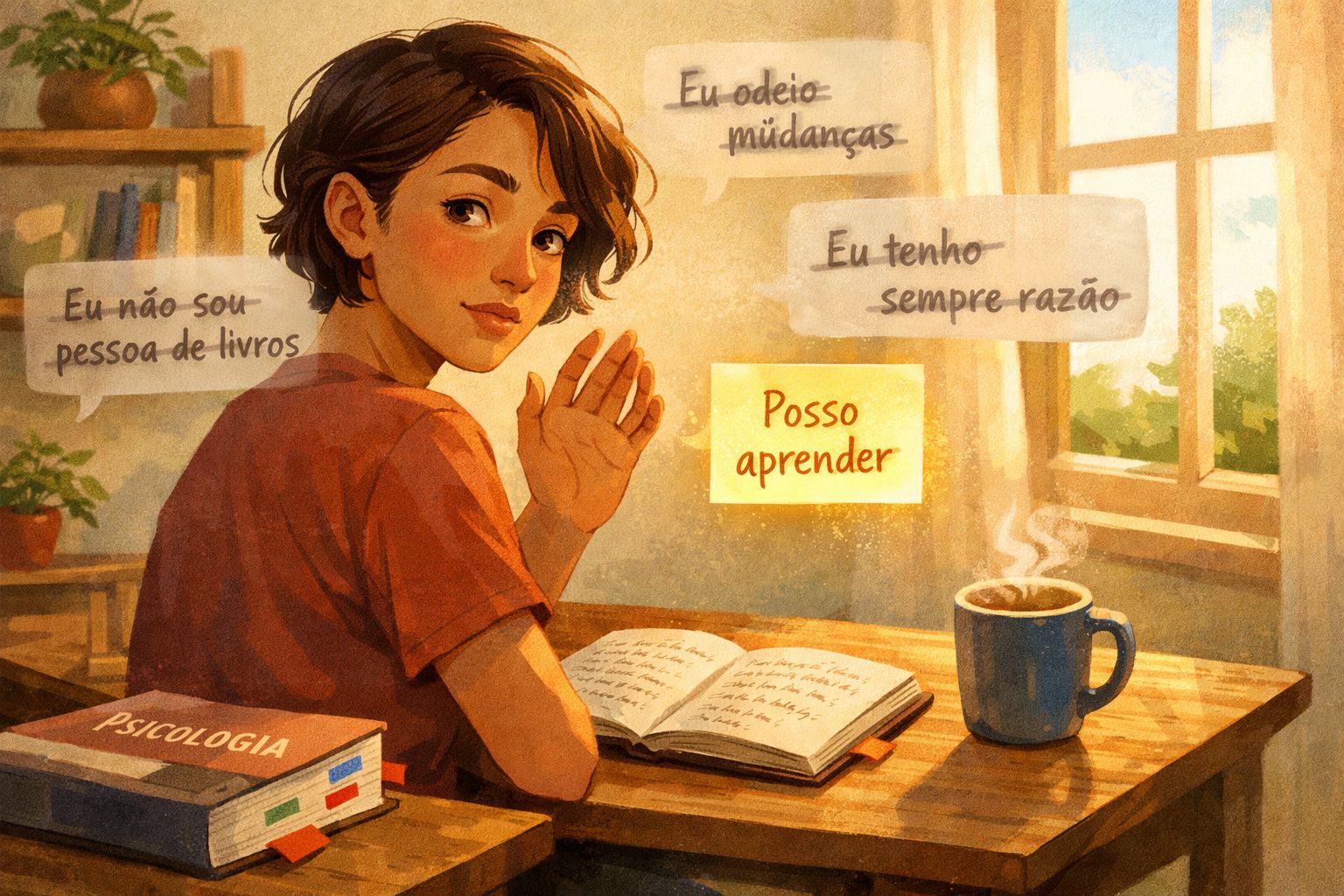 Jovem sentada a uma mesa com livros e café, com frases reflexivas sobre aprendizagem e mudanças na parede.