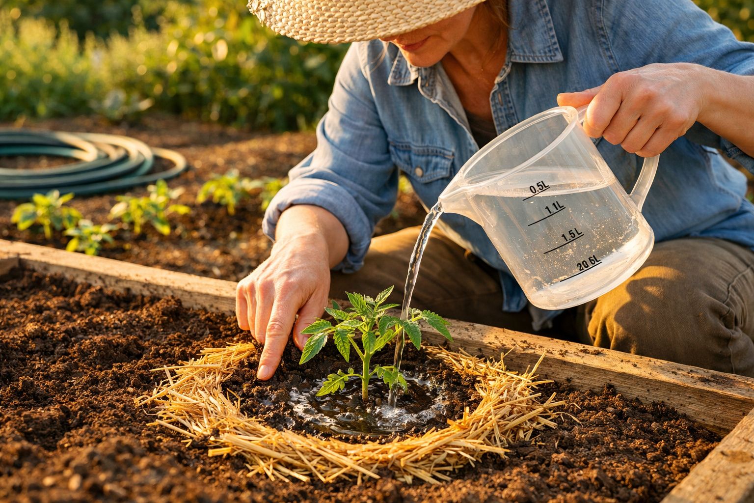 Pessoa a regar planta jovem numa horta em canteiro de madeira com palha ao redor da planta.