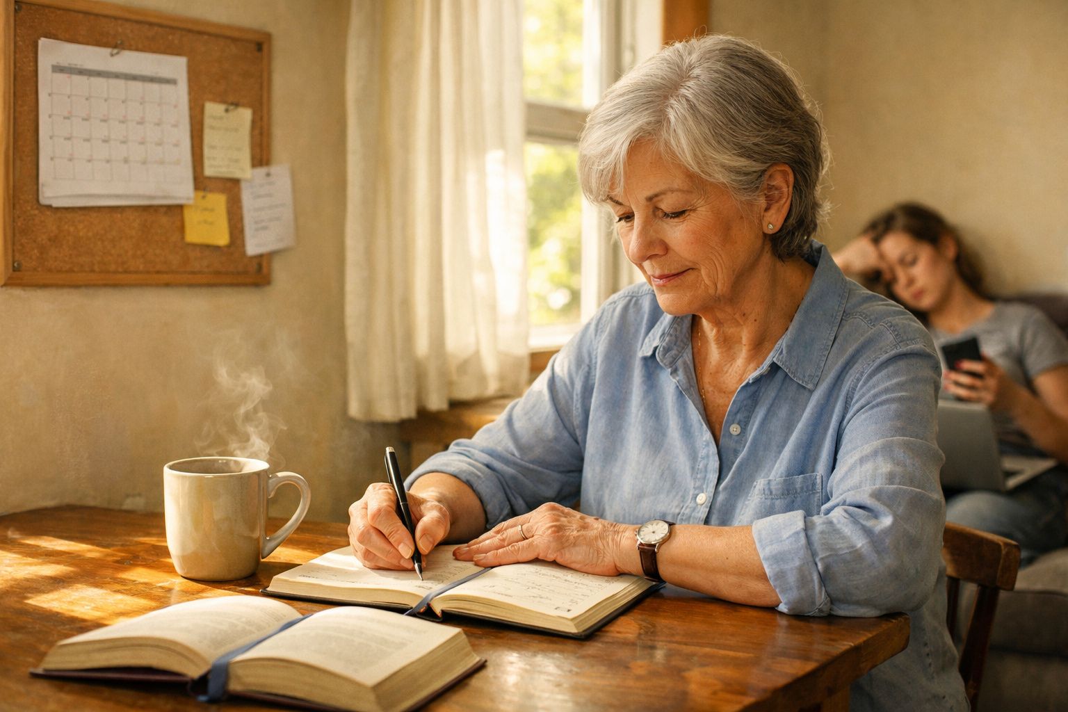 Mulher sénior a escrever num caderno sentado à mesa com chá quente, outra pessoa ao fundo a usar telemóvel.
