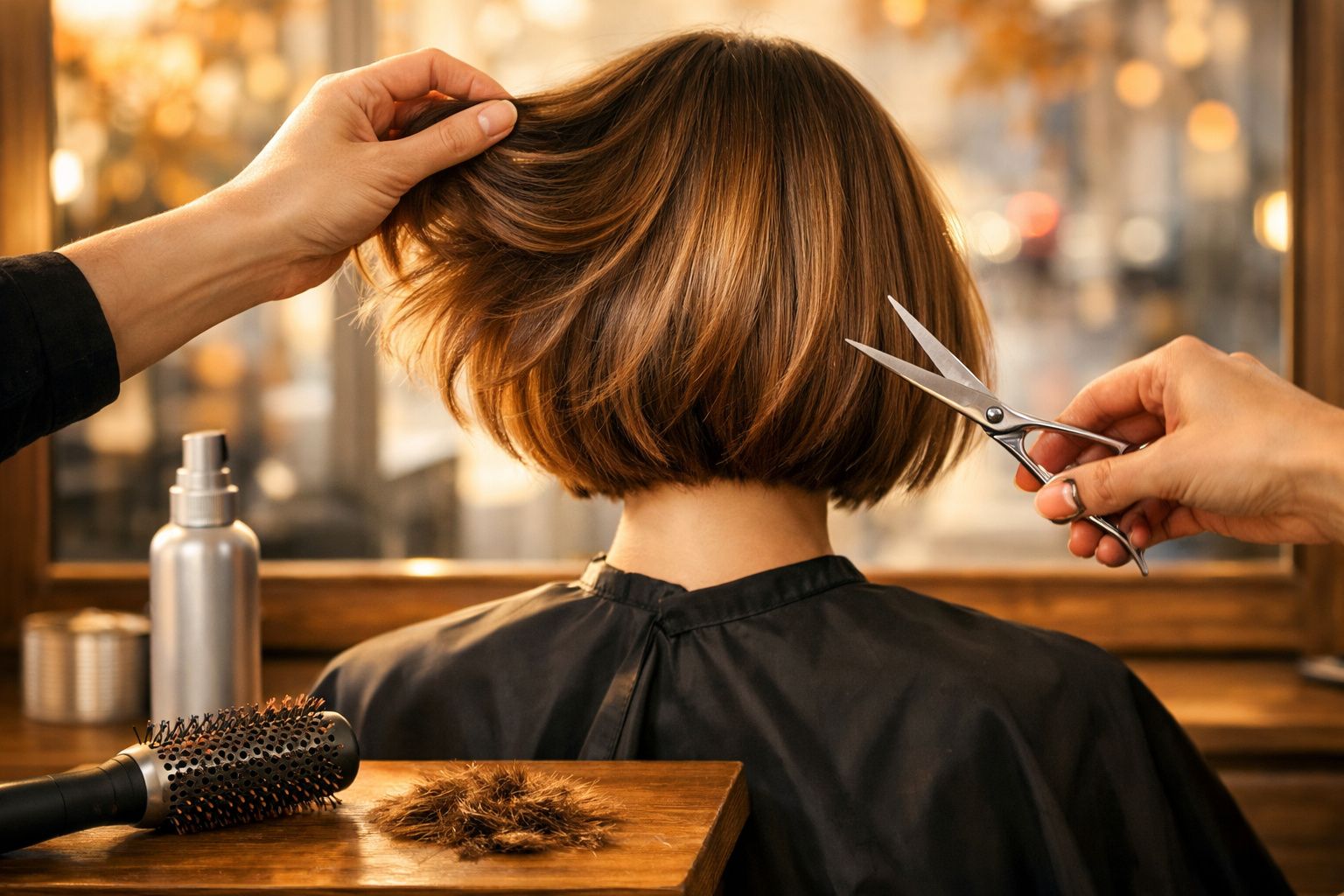 Pessoa a cortar cabelo curto castanho num salão, com tesoura e escova à frente.