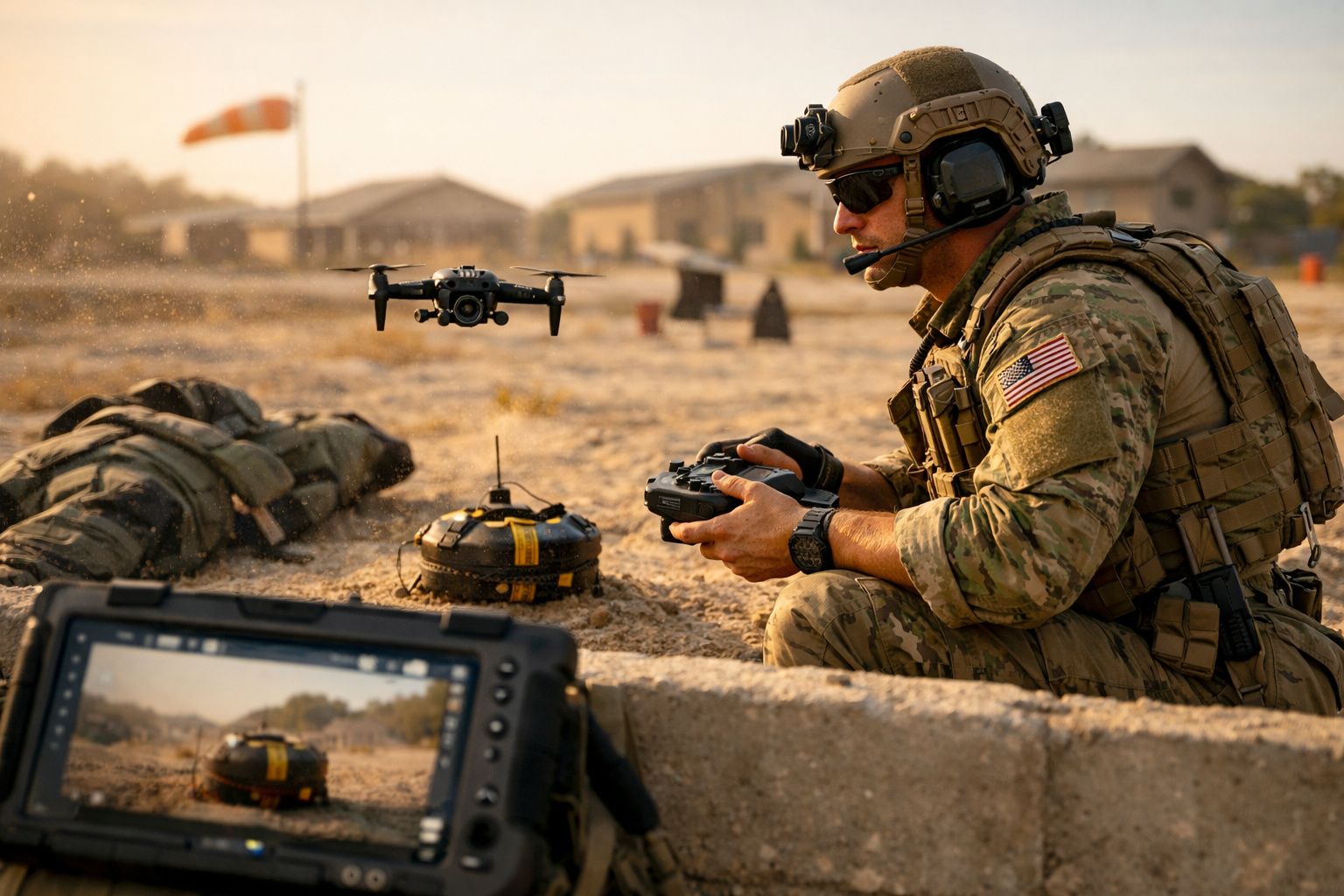 Soldado americano em uniforme operacional controlando drone próximo a mineira terrestre numa zona de treino militar.