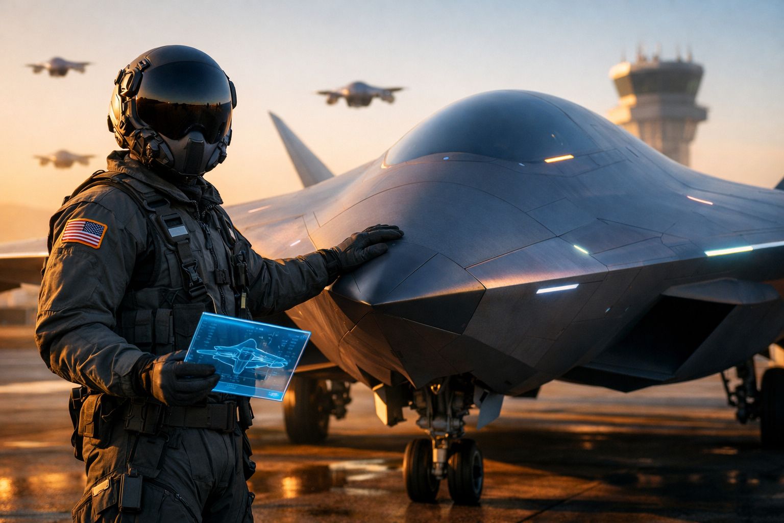 Piloto militar com fato completo toca em avião furtivo no aeroporto durante pôr do sol.