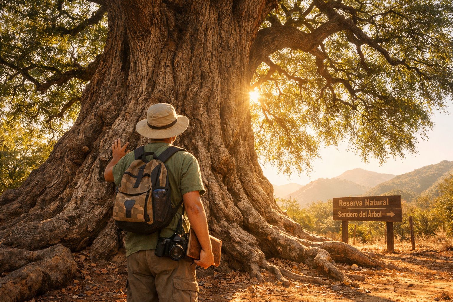 Homem com chapéu e mochila toca árvore antiga numa reserva natural ao pôr do sol.
