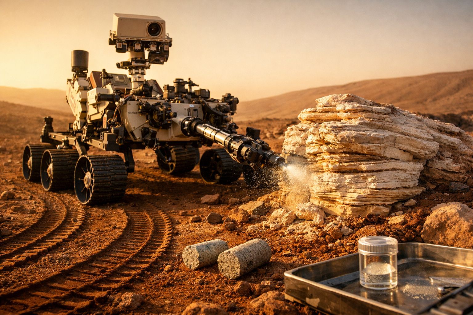 Rover exploratório a recolher amostras de rocha num terreno árido e montanhoso, ao pôr do sol.