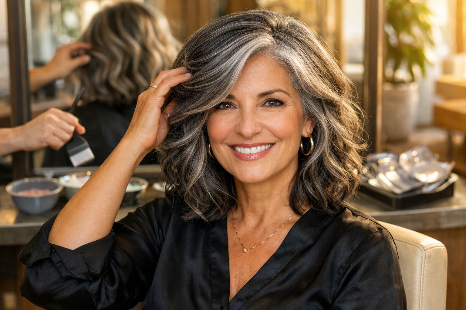 Mulher sorridente com cabelo ondulado grisalho num salão de beleza, iluminação quente e ambiente acolhedor.