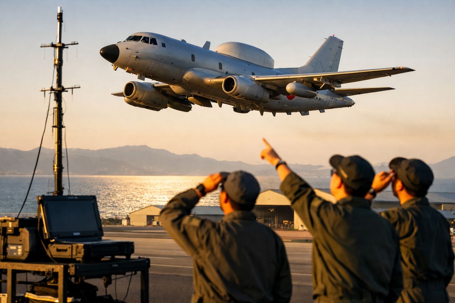 Avião militar cinzento a sobrevoar porto com três militares a observar e apontar durante pôr do sol.