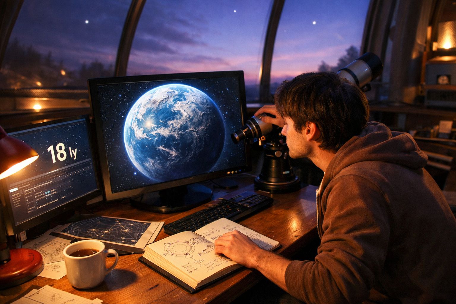 Homem a observar imagens da Terra no computador com telescópio e anotações de astronomia numa mesa à noite.