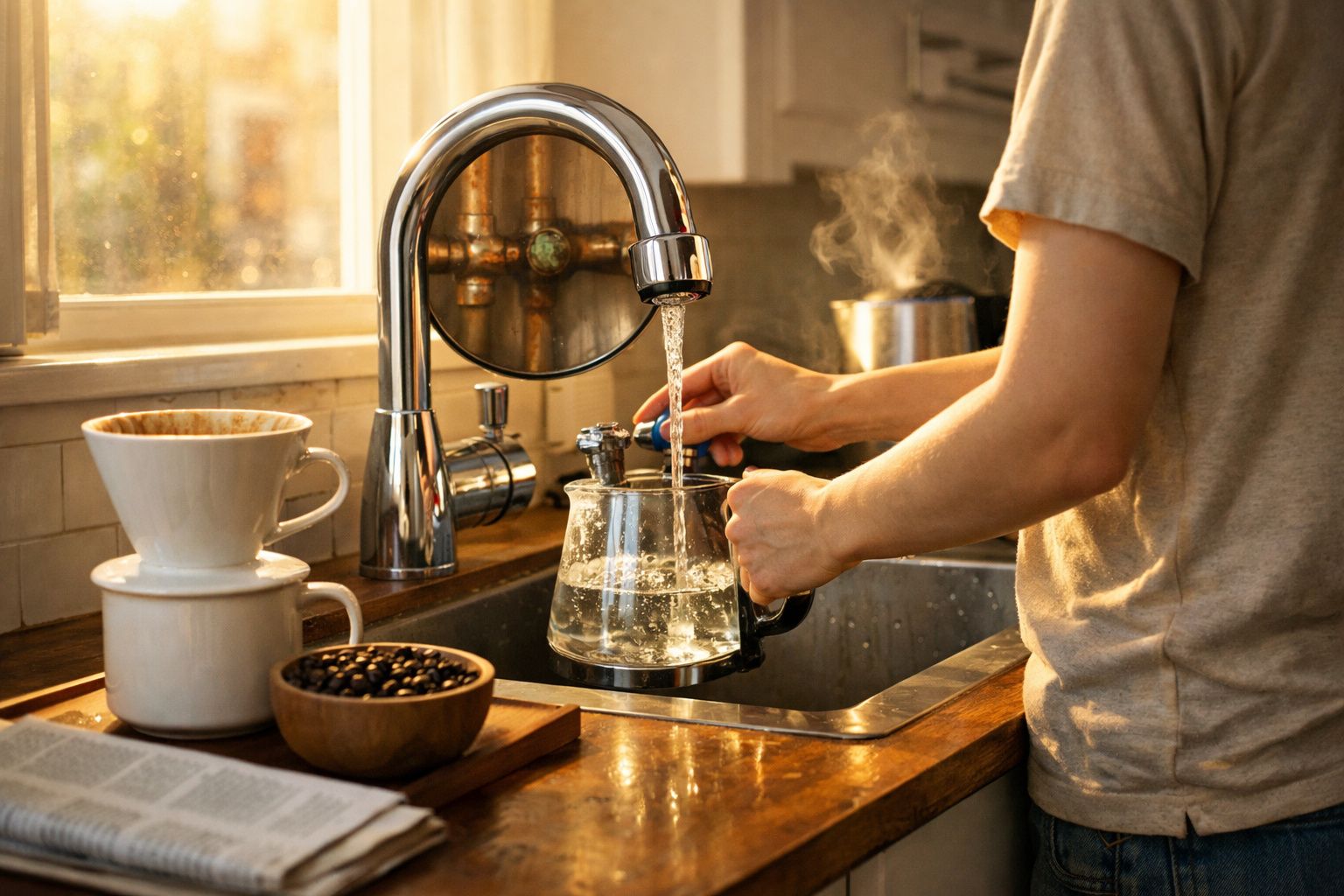 Pessoa a encher jarro de vidro com água na cozinha com filtro de café e feijões ao lado.