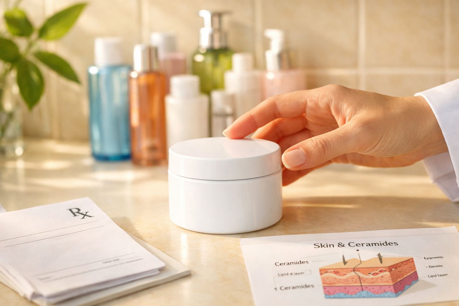 Mão a pegar pote branco de creme numa bancada com vários frascos e folhetos informativos sobre pele.