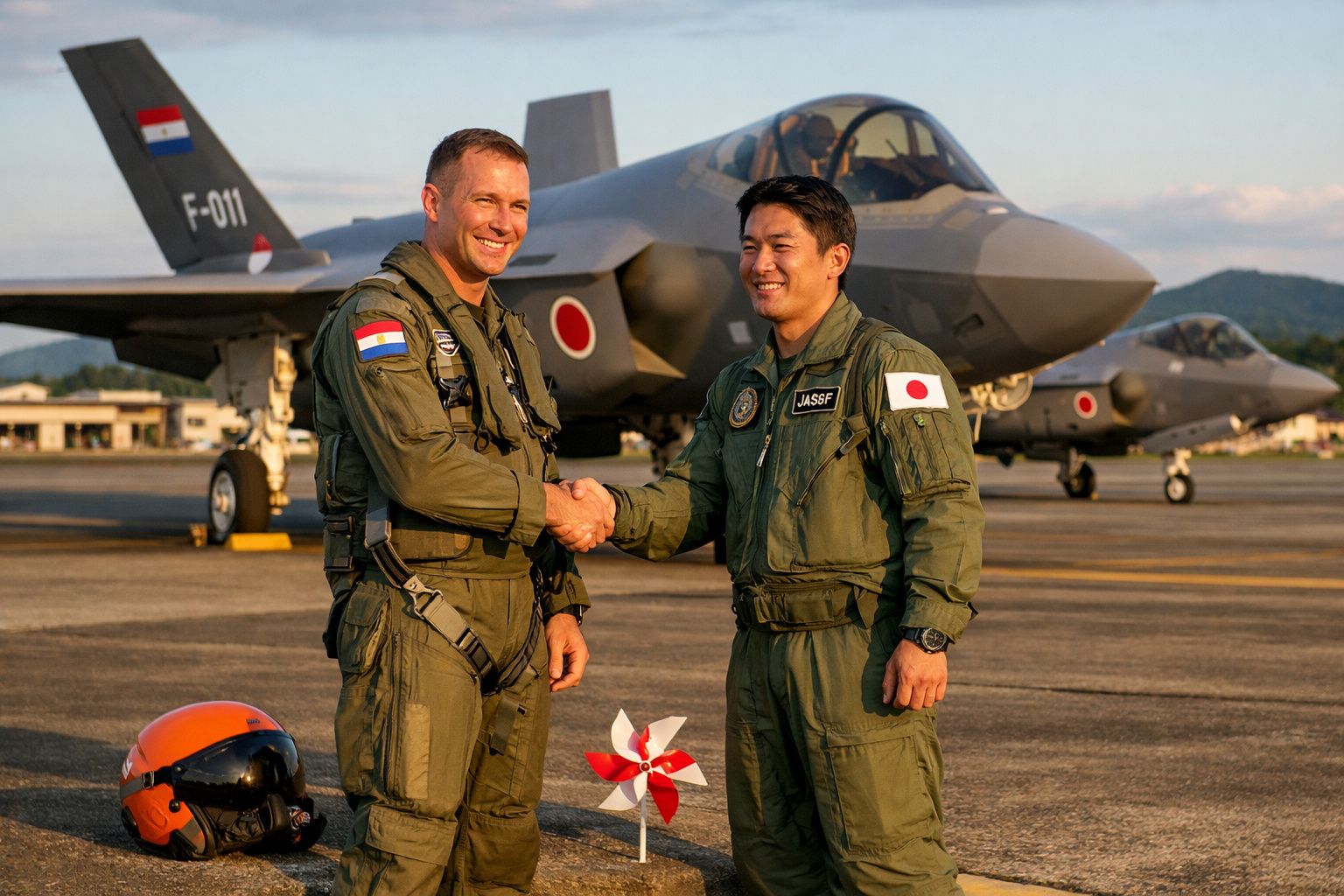 Dois pilotos militares a apertar as mãos em pista, com dois caças furtivos ao fundo ao pôr do sol.