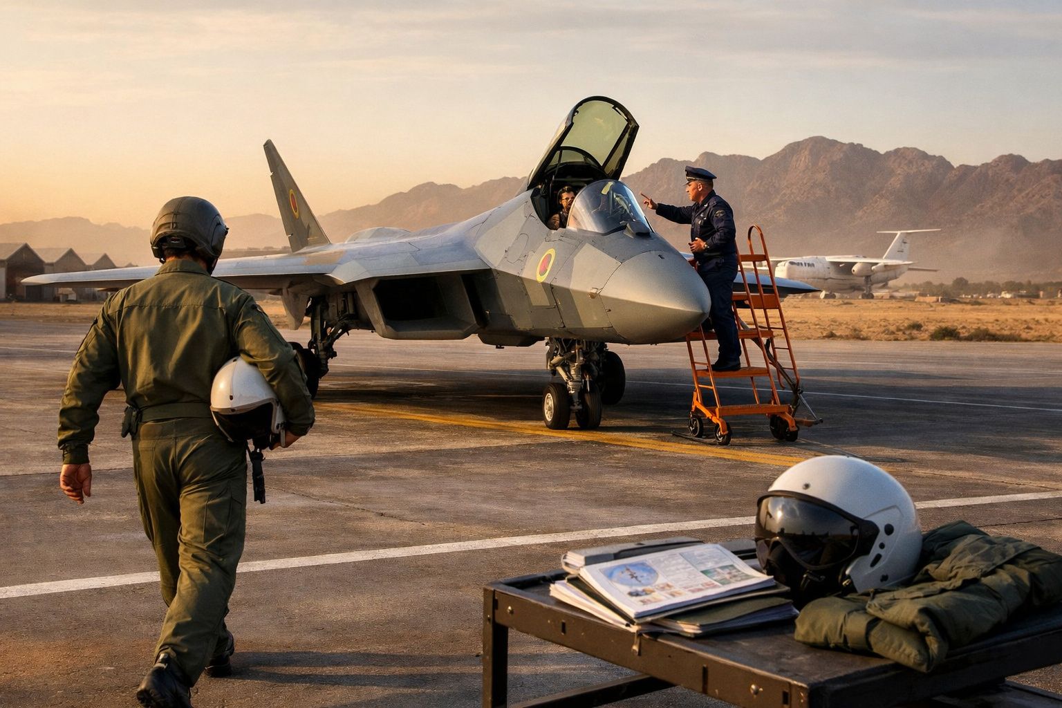 Pilotos militares e avião de combate num aeroporto militar com montanhas ao fundo ao pôr do sol.