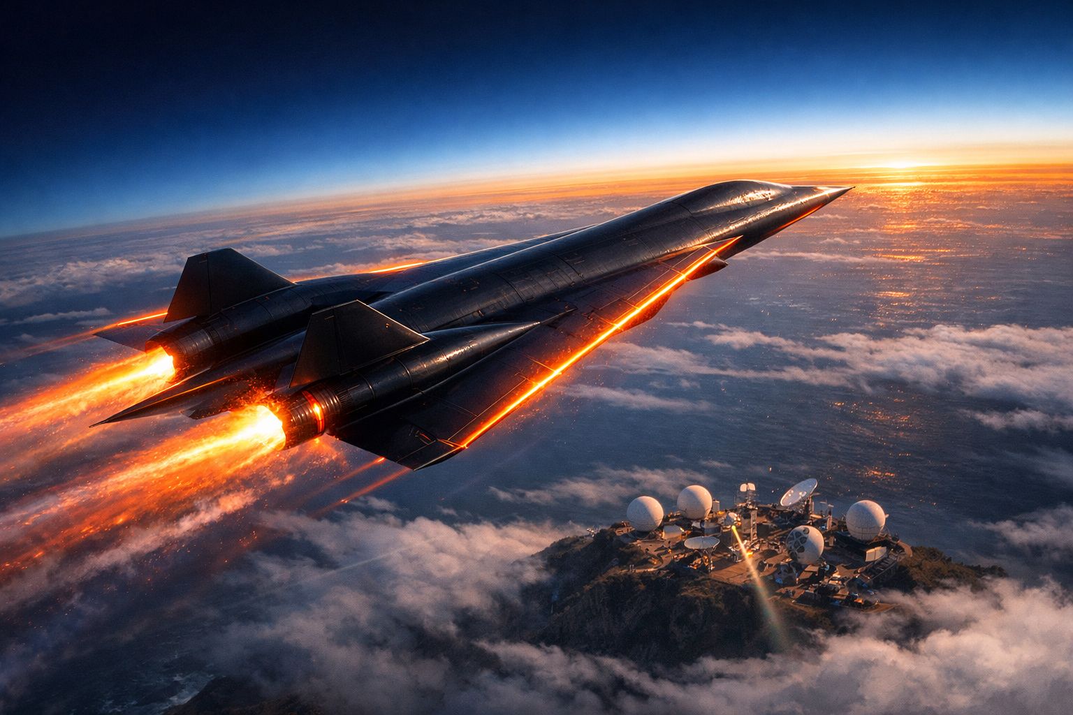 Avião futurista a jato a alta velocidade com rasto de fogo, voando acima das nuvens ao pôr do sol.