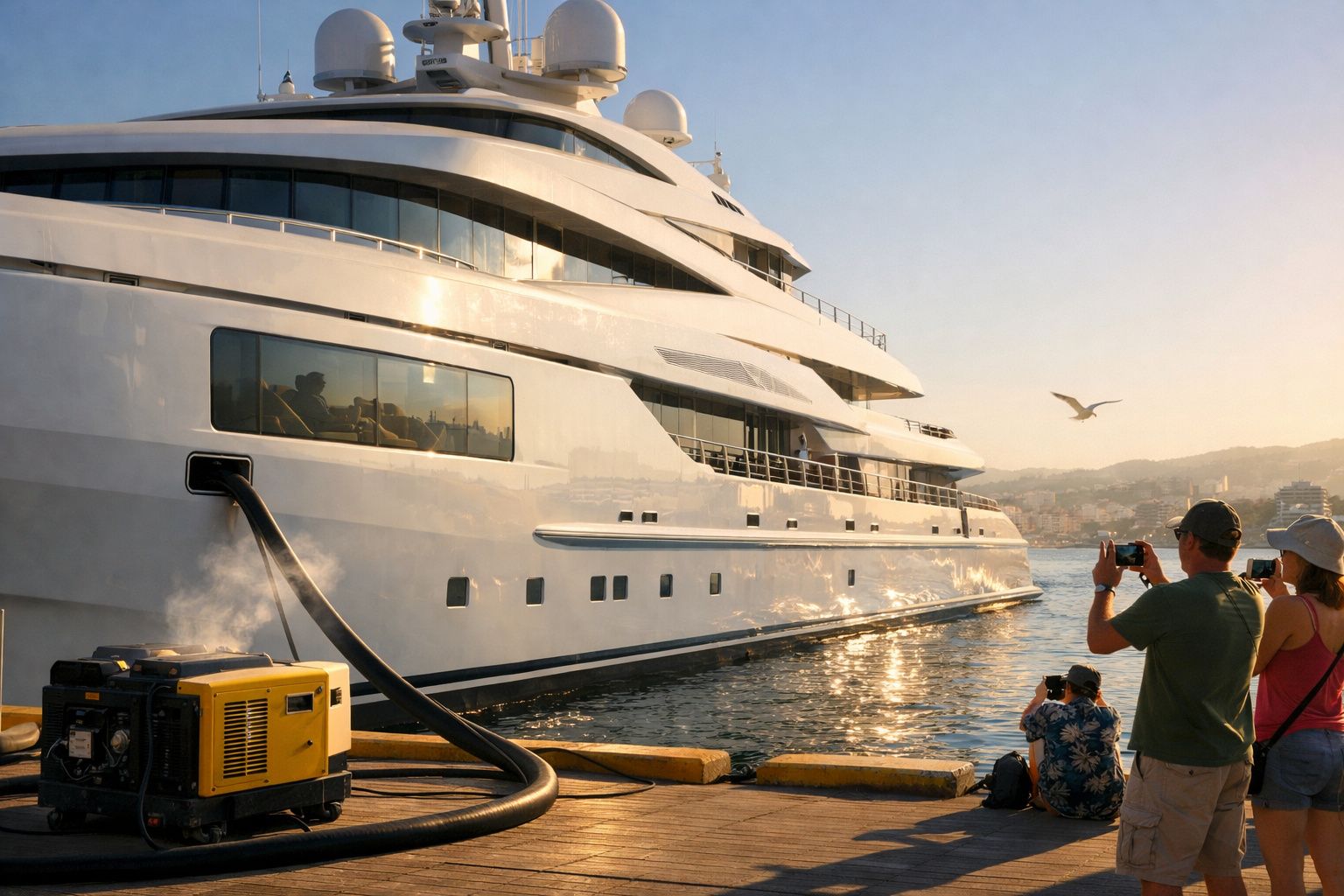 Iate branco ancorado no cais ao pôr do sol, com pessoas a tirar fotografias na margem.