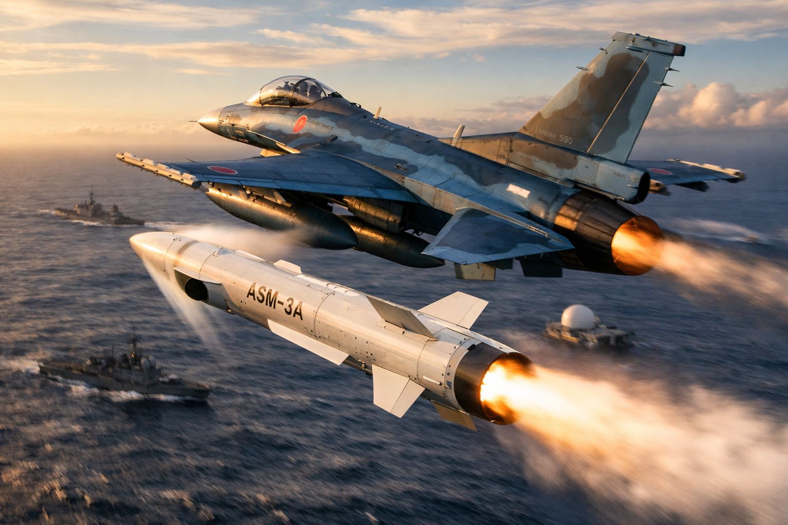 Caça militar a jato lançando um míssil ASM-3A sobre o mar com navios ao fundo ao pôr do sol.