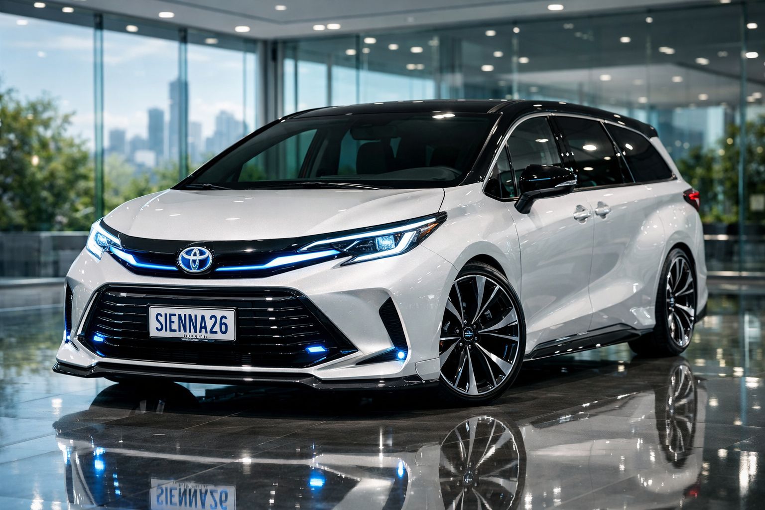 Toyota Sienna branca estilizada com detalhes pretos, luzes LED azuis, estacionada em espaço interior moderno.
