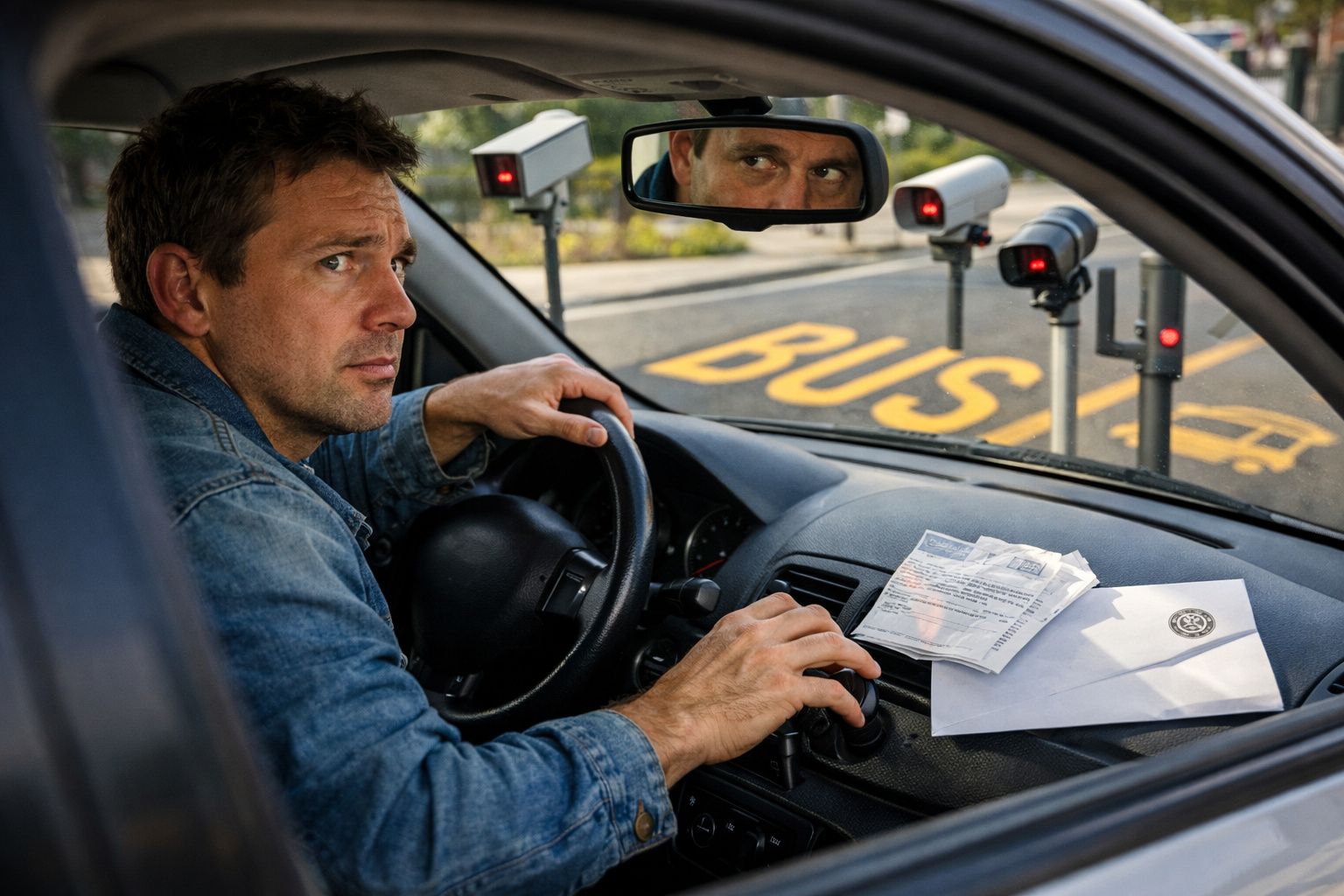 Homem ao volante de carro observa câmaras fixadas em estrada com sinalização de autocarro à frente.