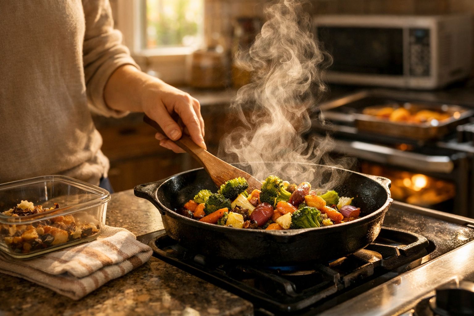 Pessoa a cozinhar legumes frescos numa frigideira preta com vapor a sair num fogão doméstico.