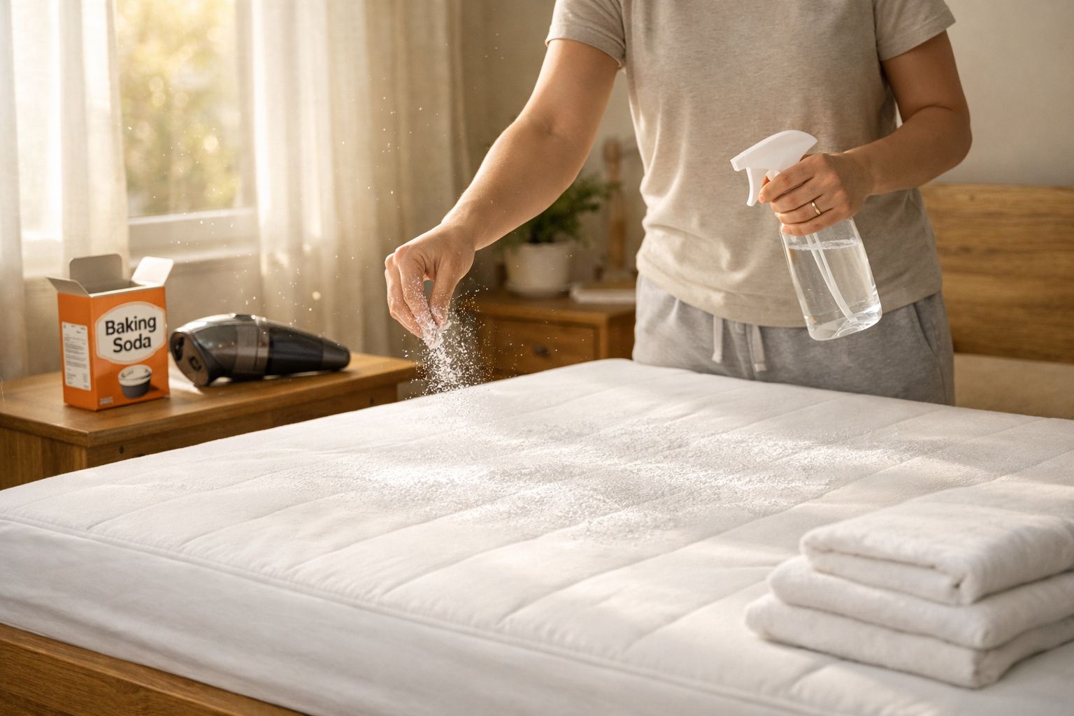 Pessoa a polvilhar bicarbonato de sódio sobre colchão branco para limpeza, com borrifador na outra mão.