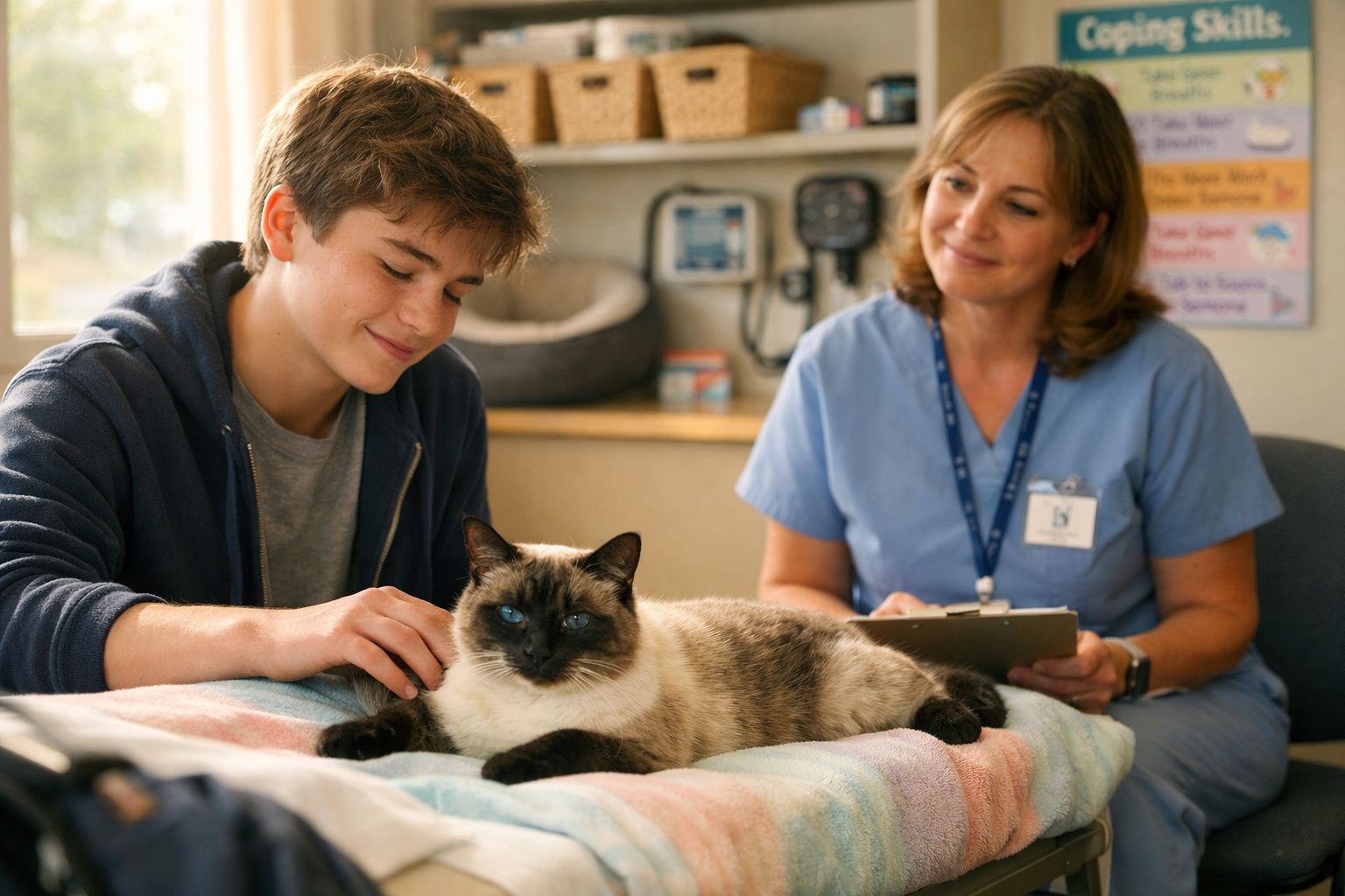 Jovem acaricia gato numa clínica veterinária enquanto veterinária observa e faz anotações.