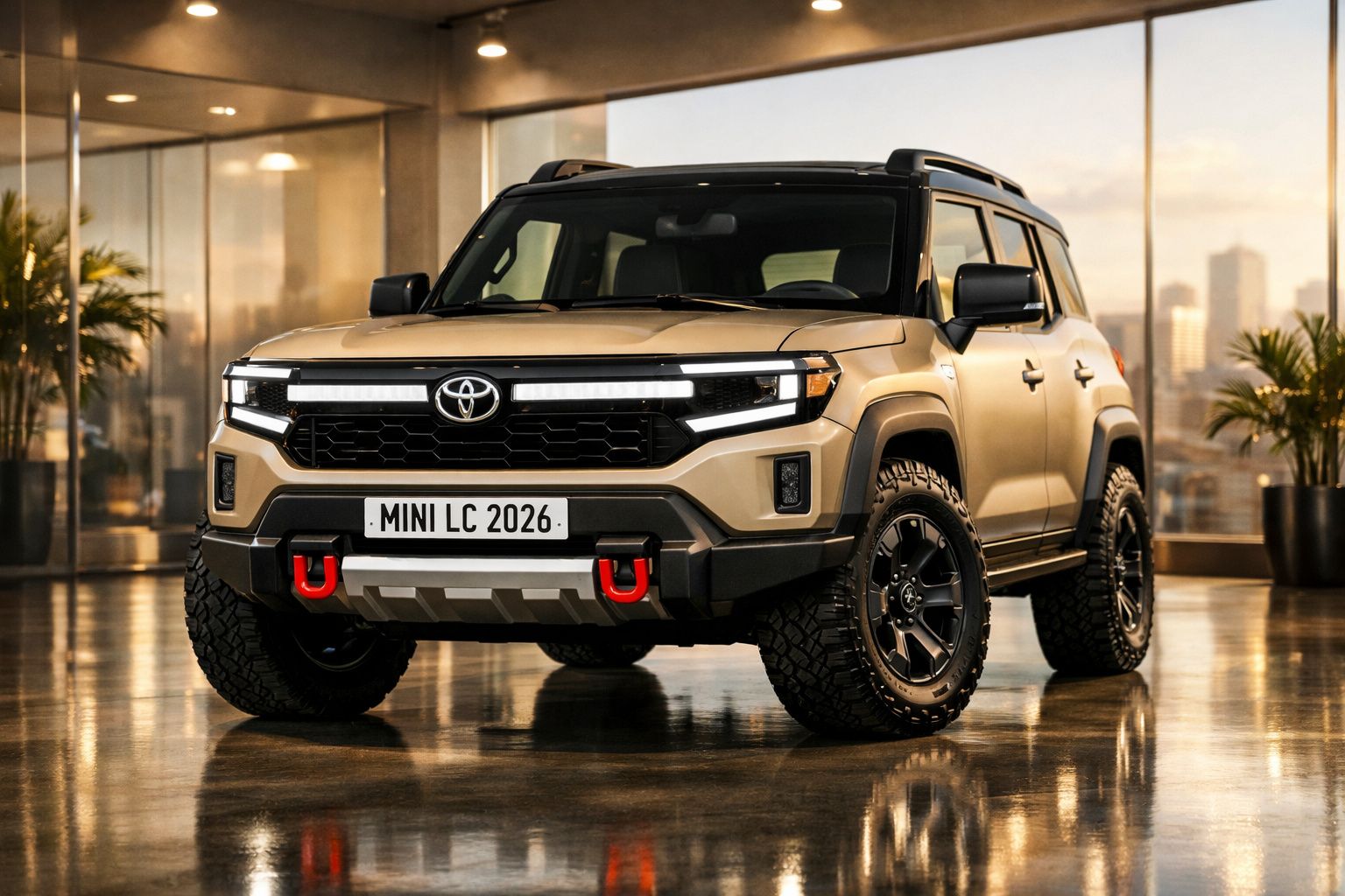 SUV Toyota Mini LC 2026 bege com detalhes em preto, pneus off-road e iluminação LED, estacionado em ambiente interior.