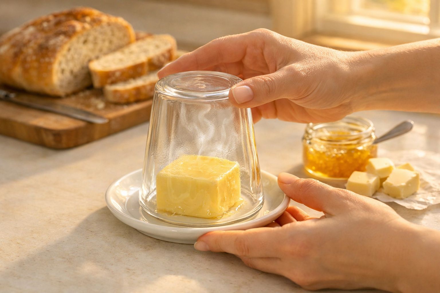 Mãos a cobrir um cubo de manteiga com um copo invertido, pão fatiado e compota ao fundo.