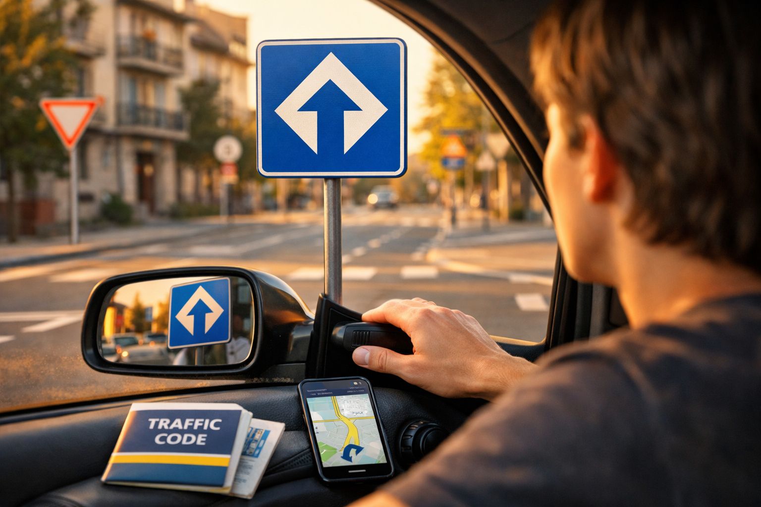 Pessoa no carro a ajustar o espelho retrovisor com sinal de trânsito de seta para a frente visível na estrada.