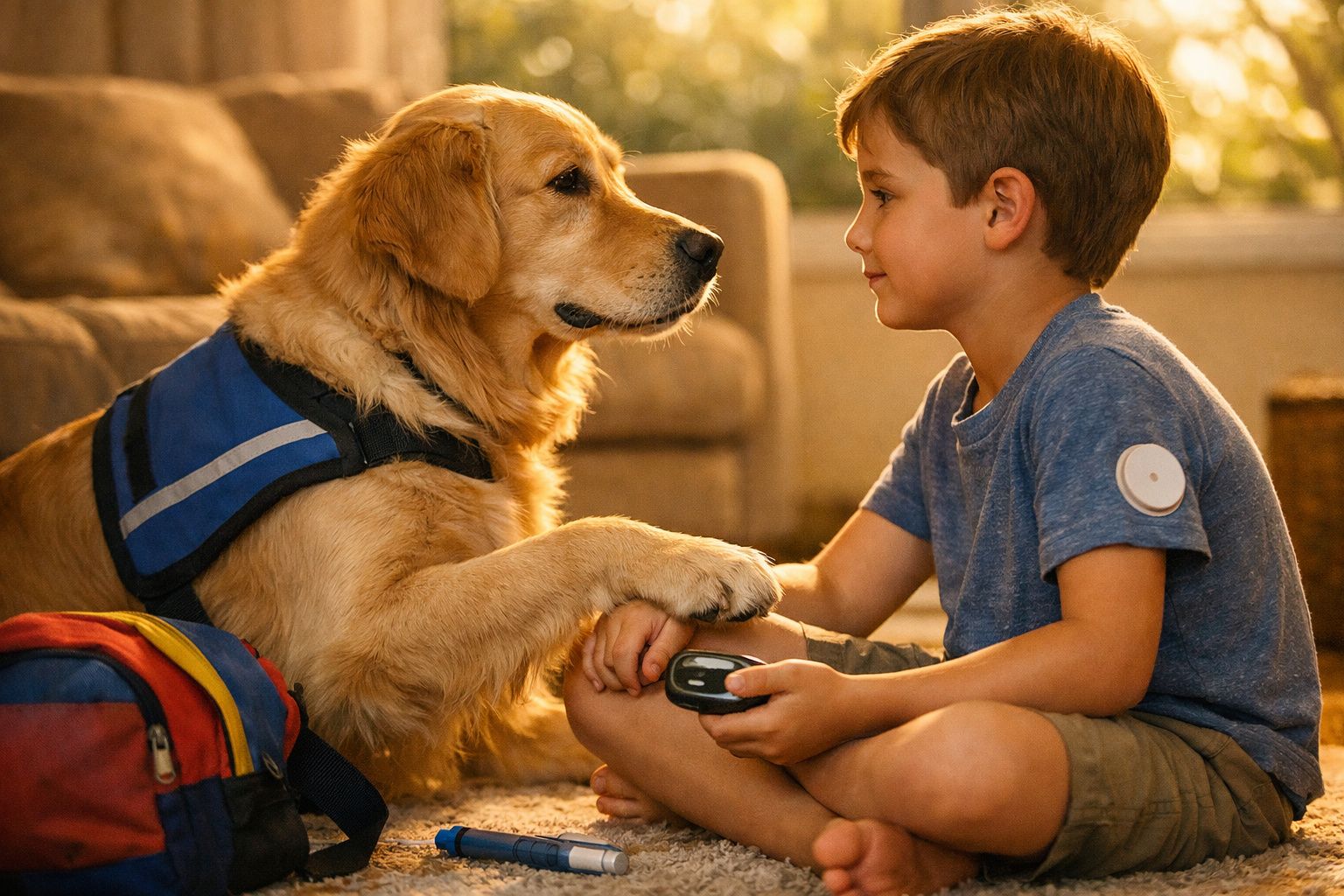 Criança sentada no chão interage com cão de serviço que lhe dá a pata numa sala iluminada.