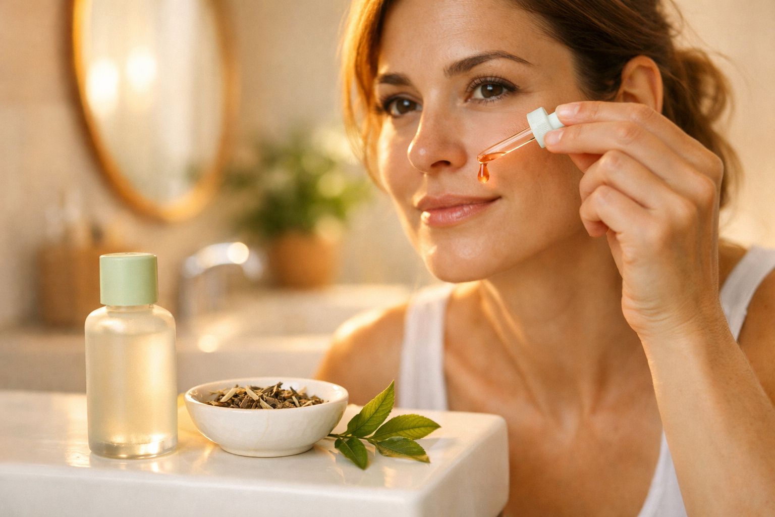 Mulher a aplicar soro facial com conta-gotas ao lado de planta em taça e frasco num ambiente luminoso.