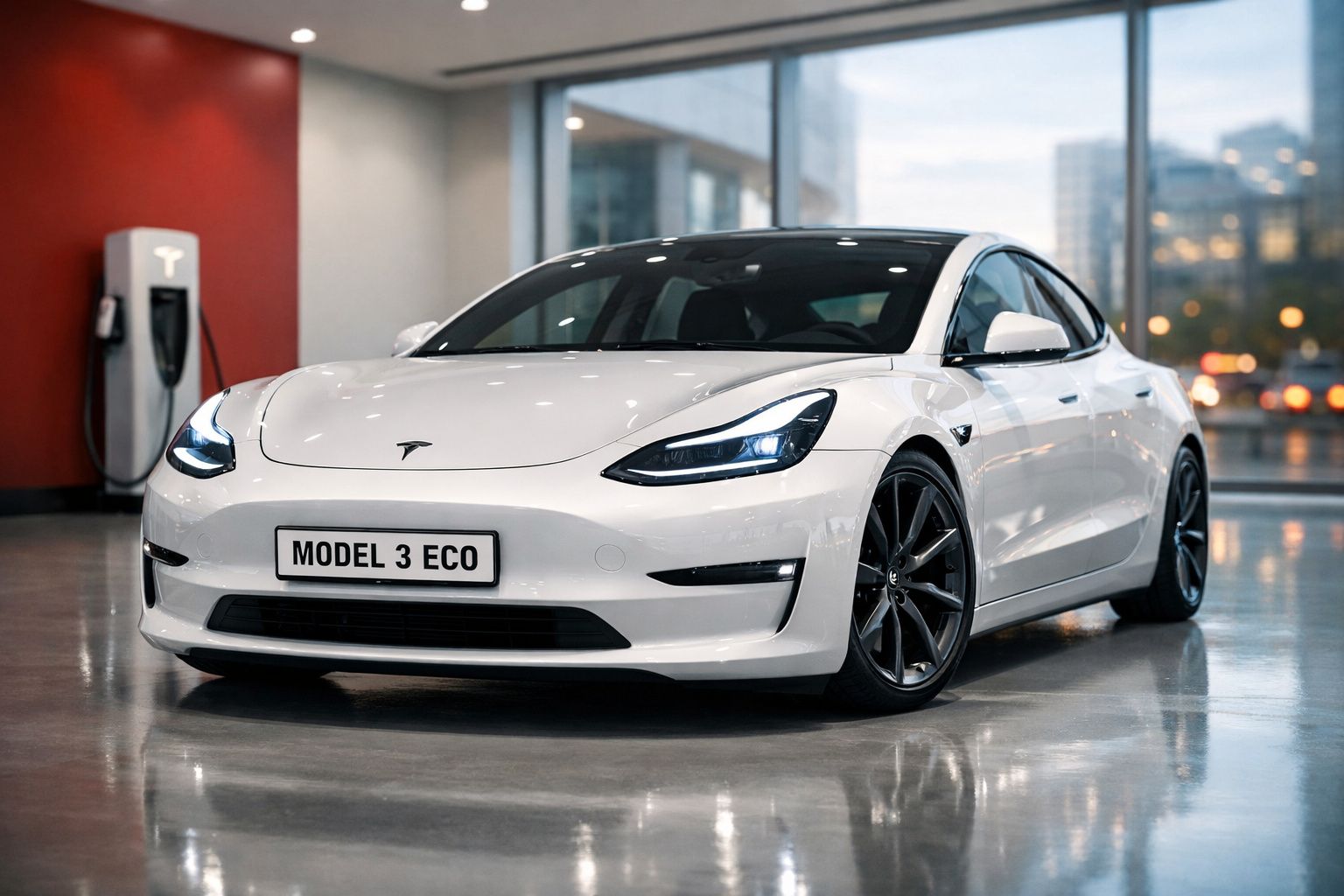 Carro elétrico Tesla Model 3 ECO branco estacionado numa garagem moderna com carregador elétrico ao fundo.