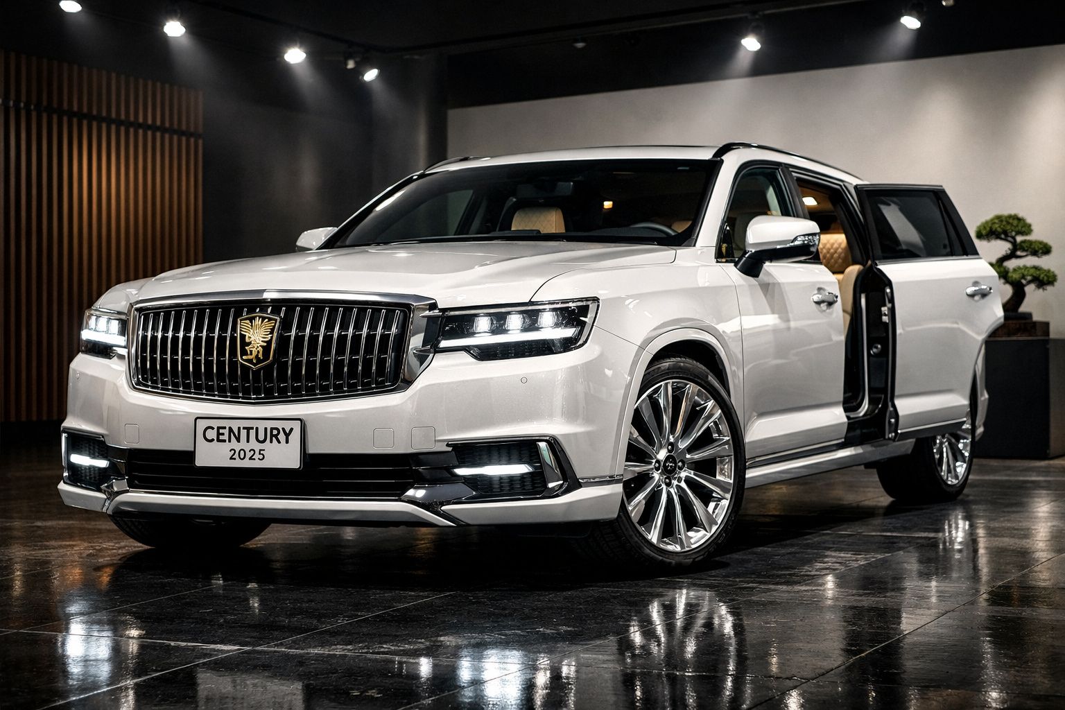 Carro de luxo branco Century 2025 com porta traseira aberta em ambiente interior moderno.