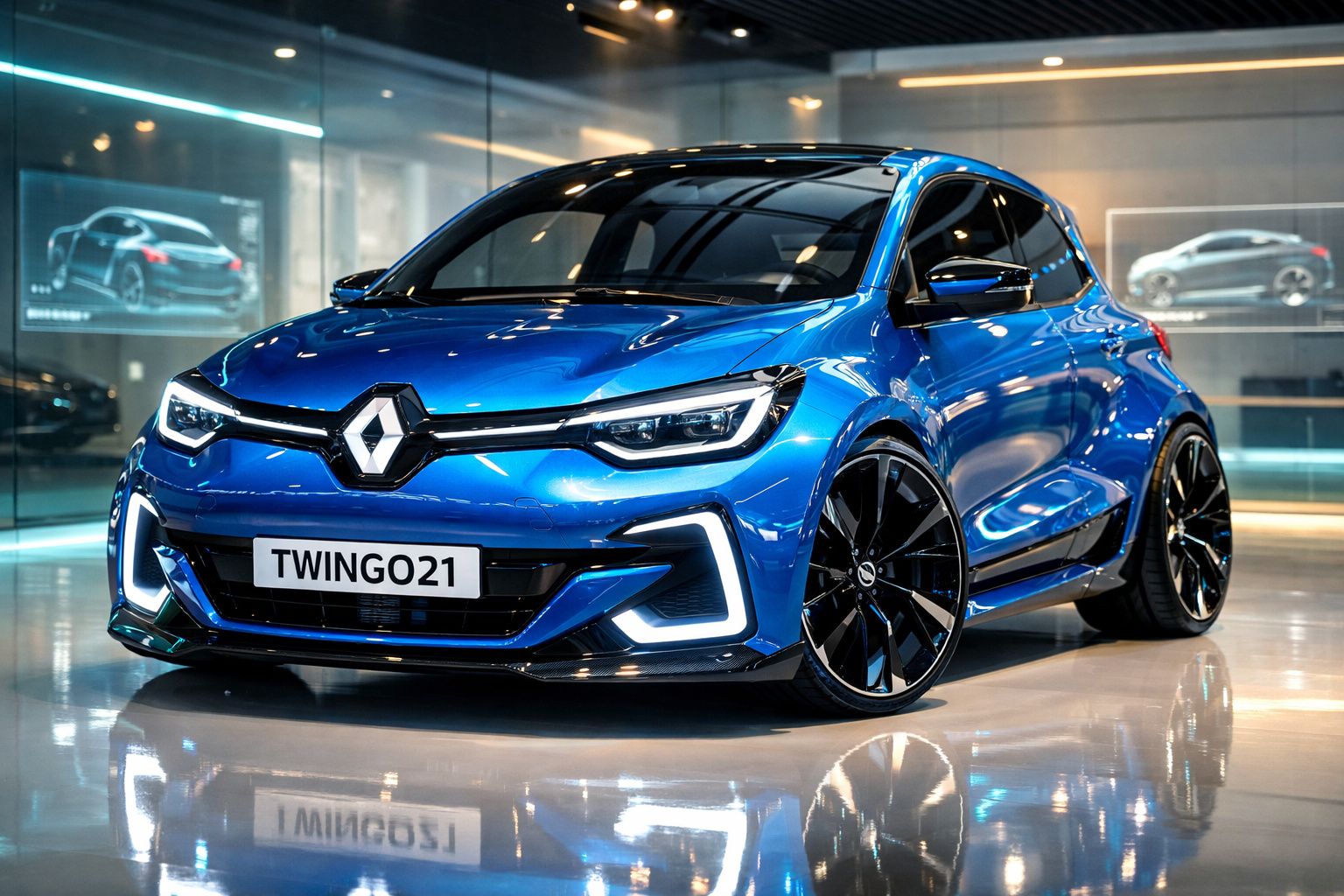 Carro desportivo Renault Twingo azul brilhante estacionado numa garagem moderna com iluminação refletida no chão.