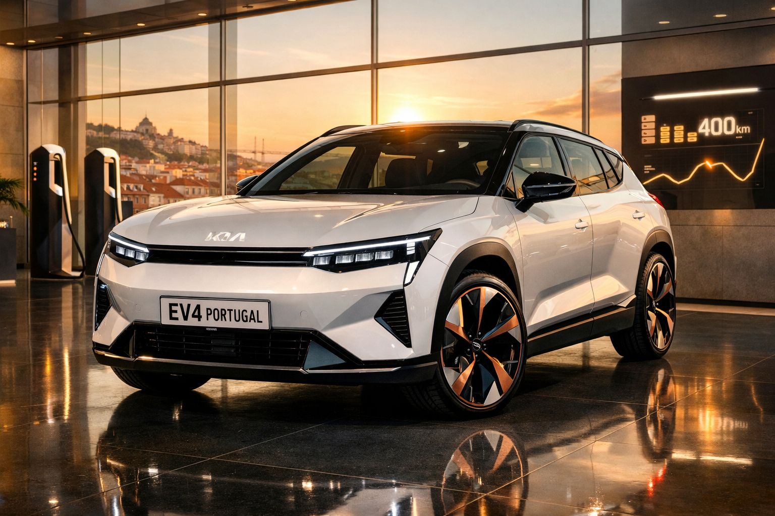 Carro elétrico branco KIA EV4 estacionado em interior moderno com painéis solares e painel digital indicando 400 km.
