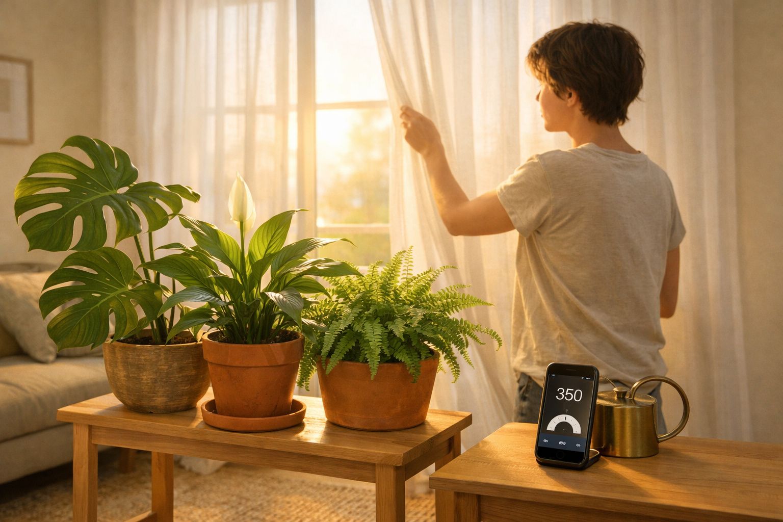 Pessoa abre cortinas numa sala iluminada com três plantas em vasos sobre mesa de madeira.