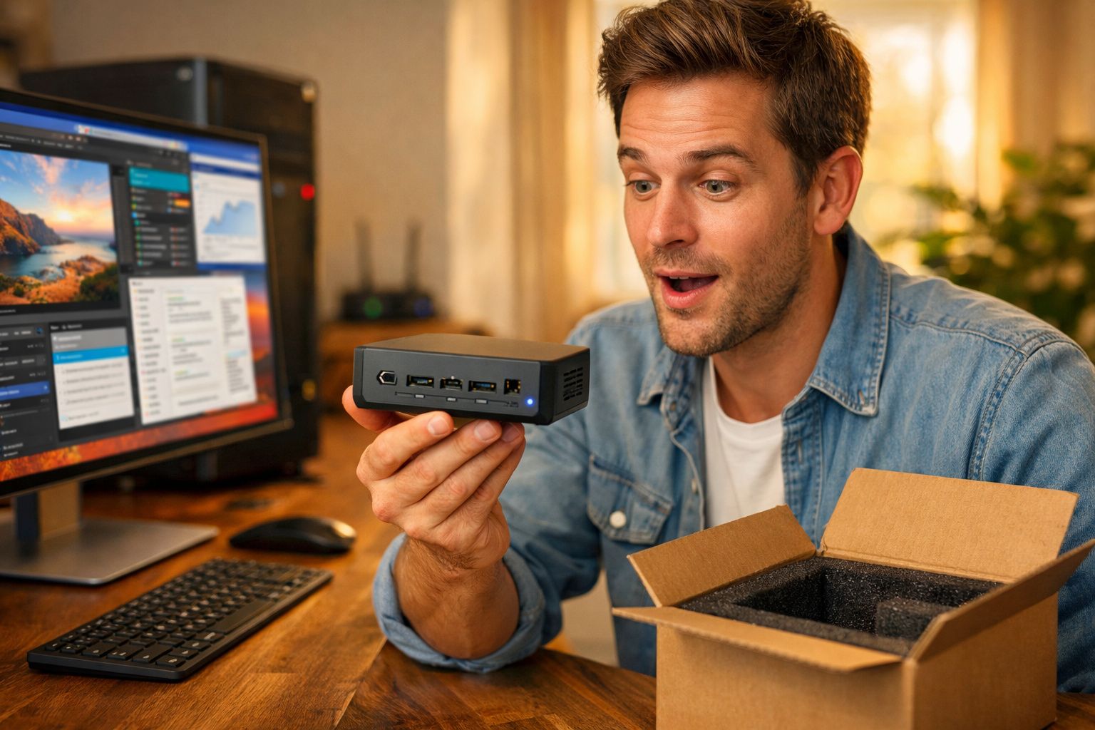 Homem sorridente segurando uma miniatura de computador junto a uma caixa aberta numa secretária com computador.