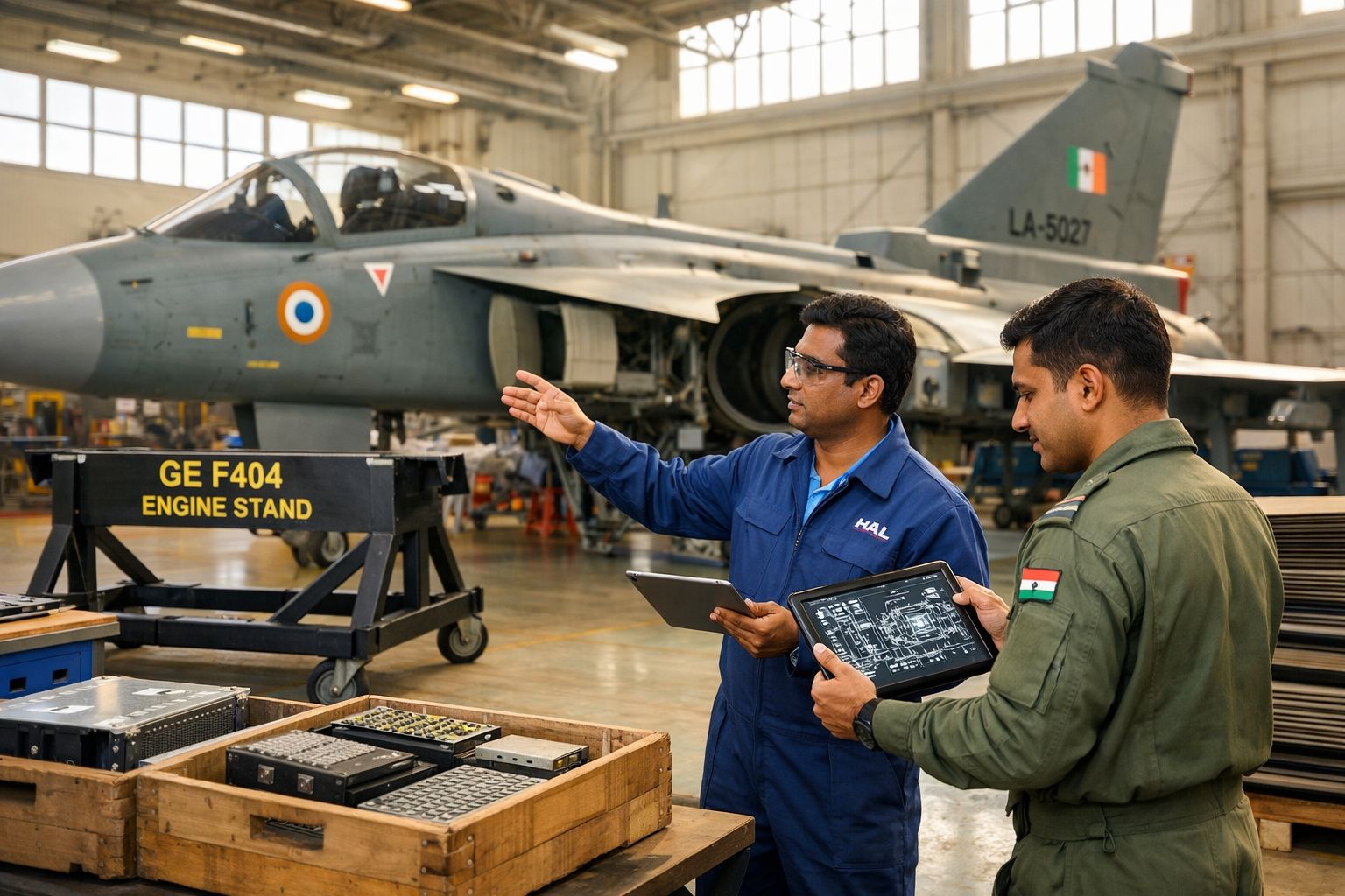 Dois técnicos com tablet inspecionam um caça num hangar aeronáutico.
