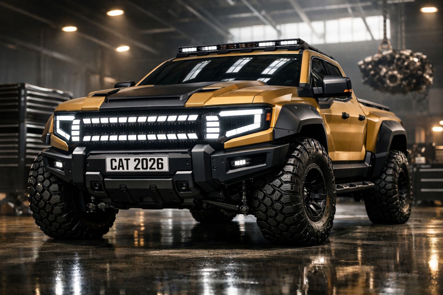 Pickup robusta amarela com faróis de LED e pneus todo-o-terreno em oficina industrial iluminada.