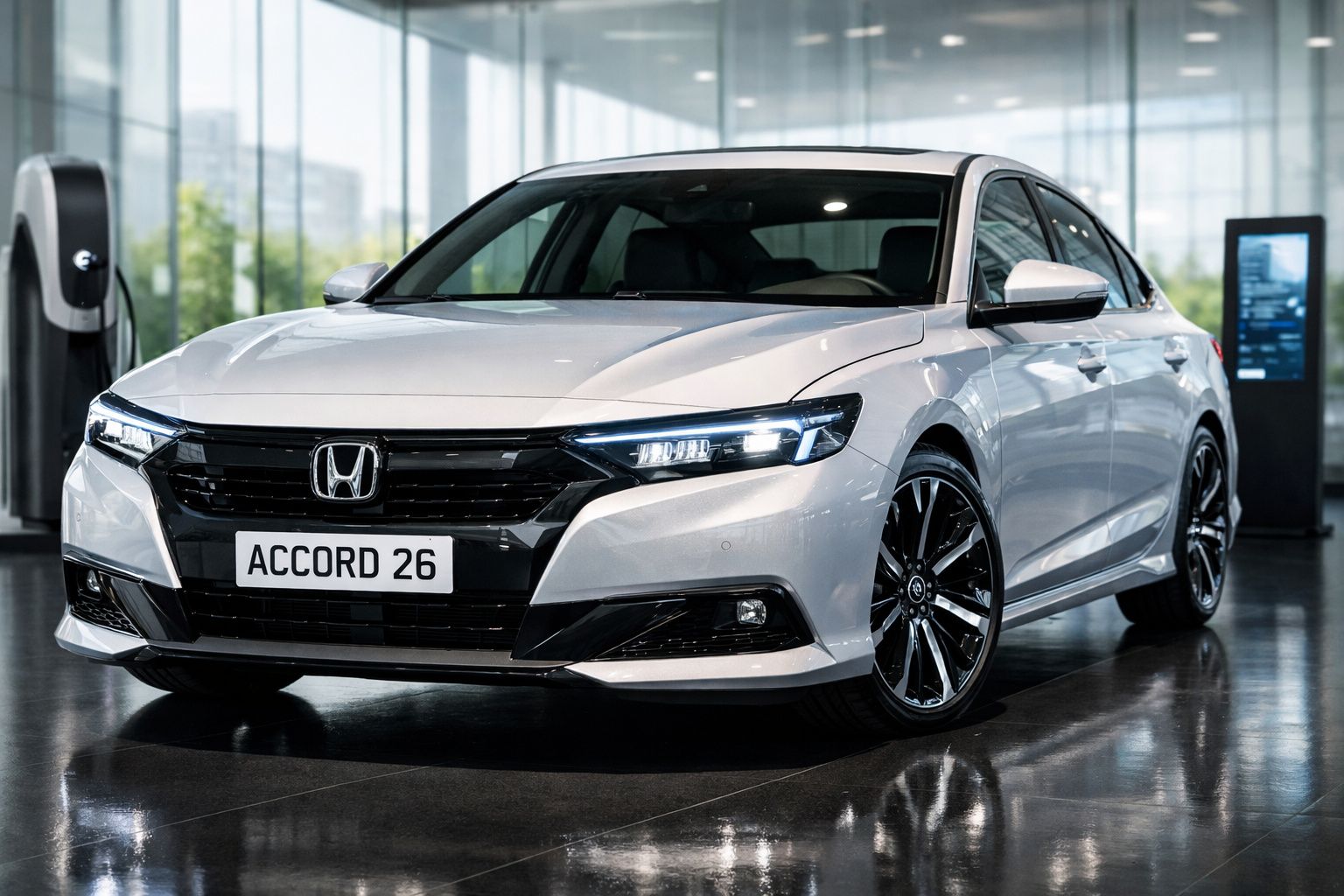 Carro Honda Accord 26 branco em exposição numa sala moderna com chão brilhante.