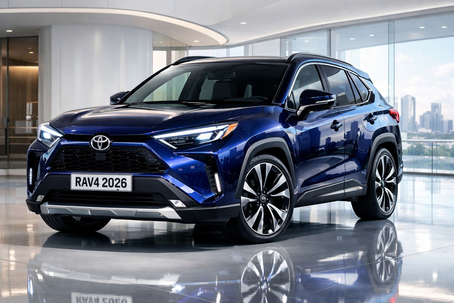 Toyota RAV4 2026 azul estacionado em ambiente moderno com grandes janelas de vidro.
