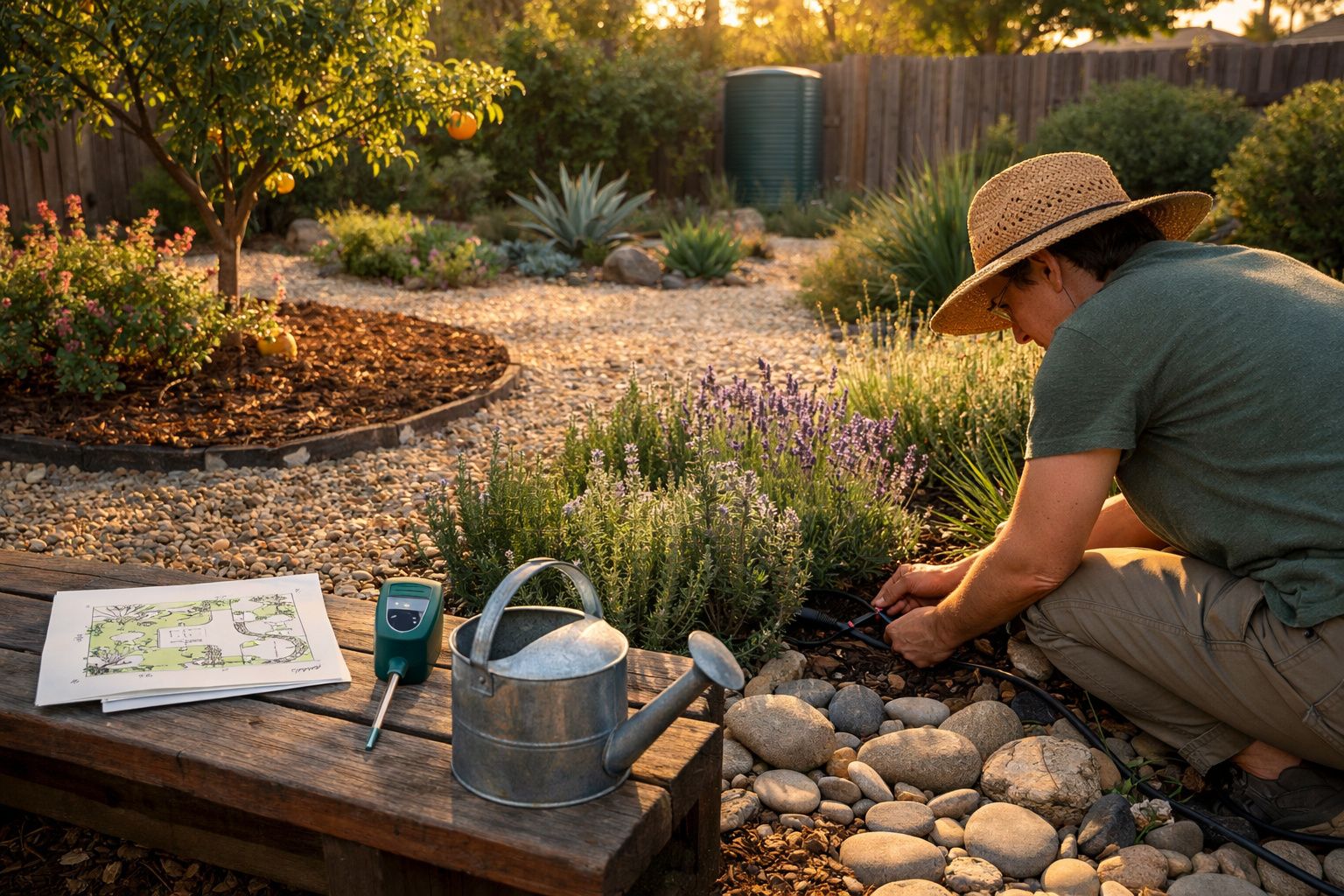 Pessoa a cuidar de plantas num jardim com regador, plantações, e plano de jardim ao pôr do sol.