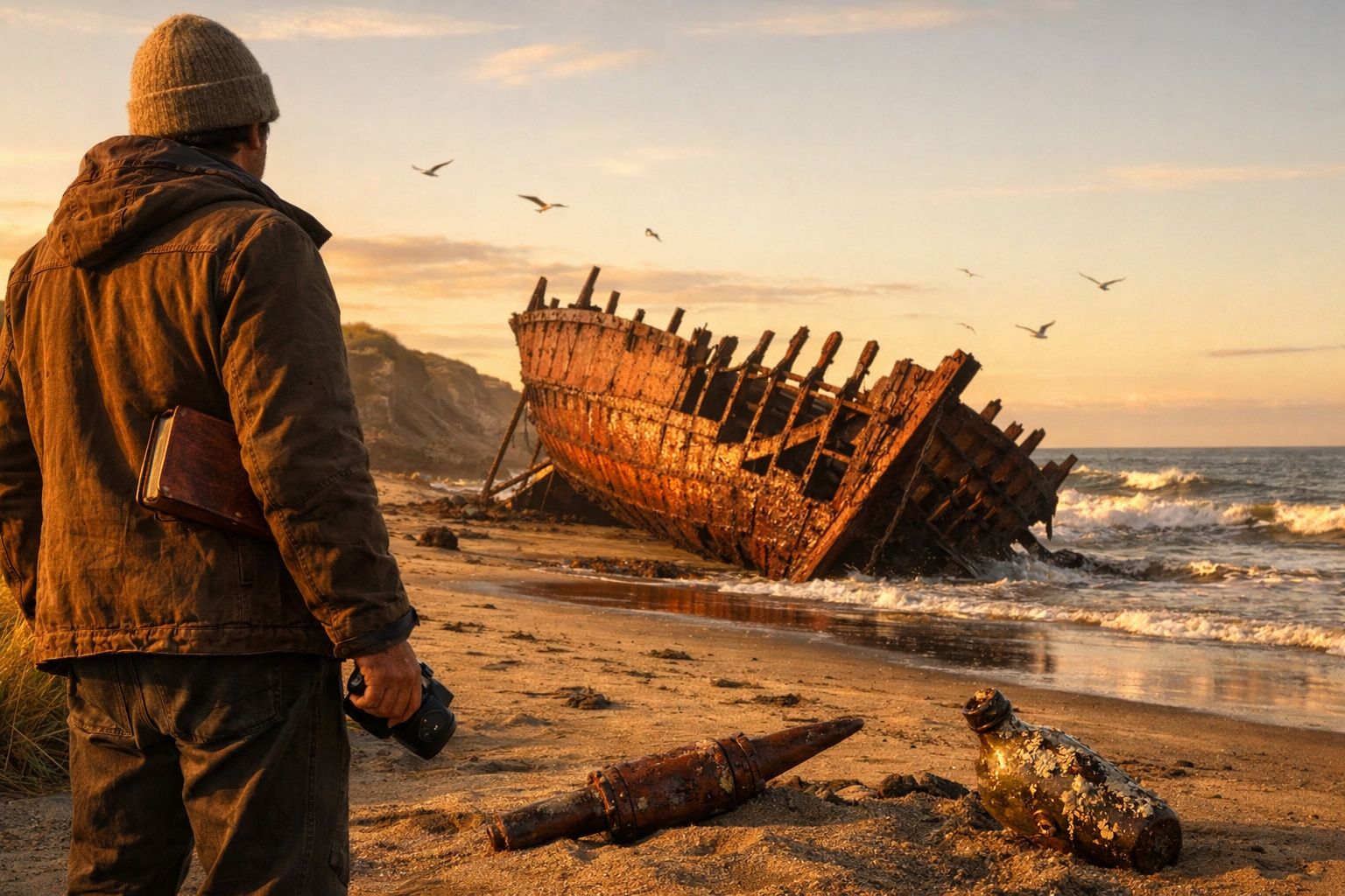 Homem de casaco e gorro com câmera observa casco de navio enferrujado partido na praia ao pôr do sol.