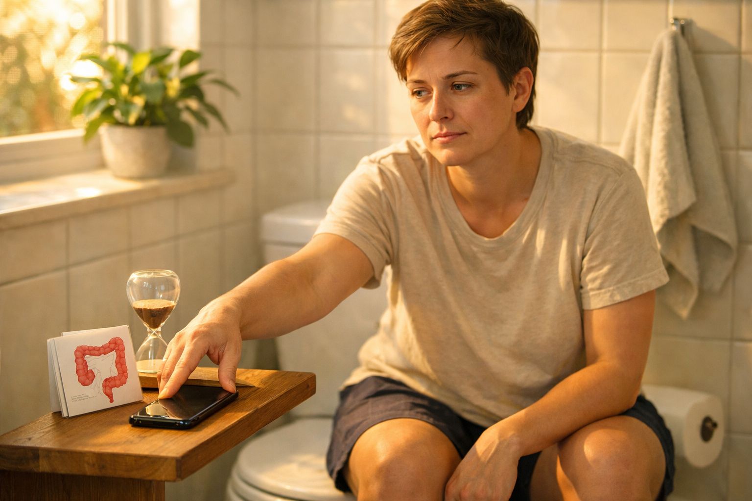 Pessoa a usar uma casa de banho com modelo anatómico do cólon e ampulheta numa mesa ao lado.