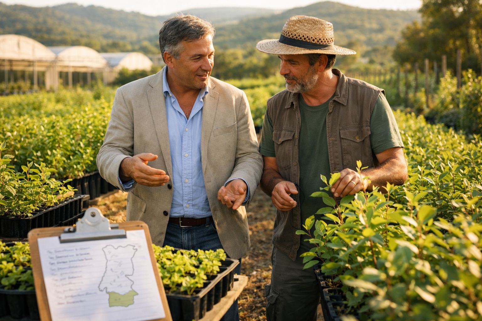 Dois homens em jardim agrícola discutem, um com fato e outro com chapéu de palha, rodeados de plantas jovens.