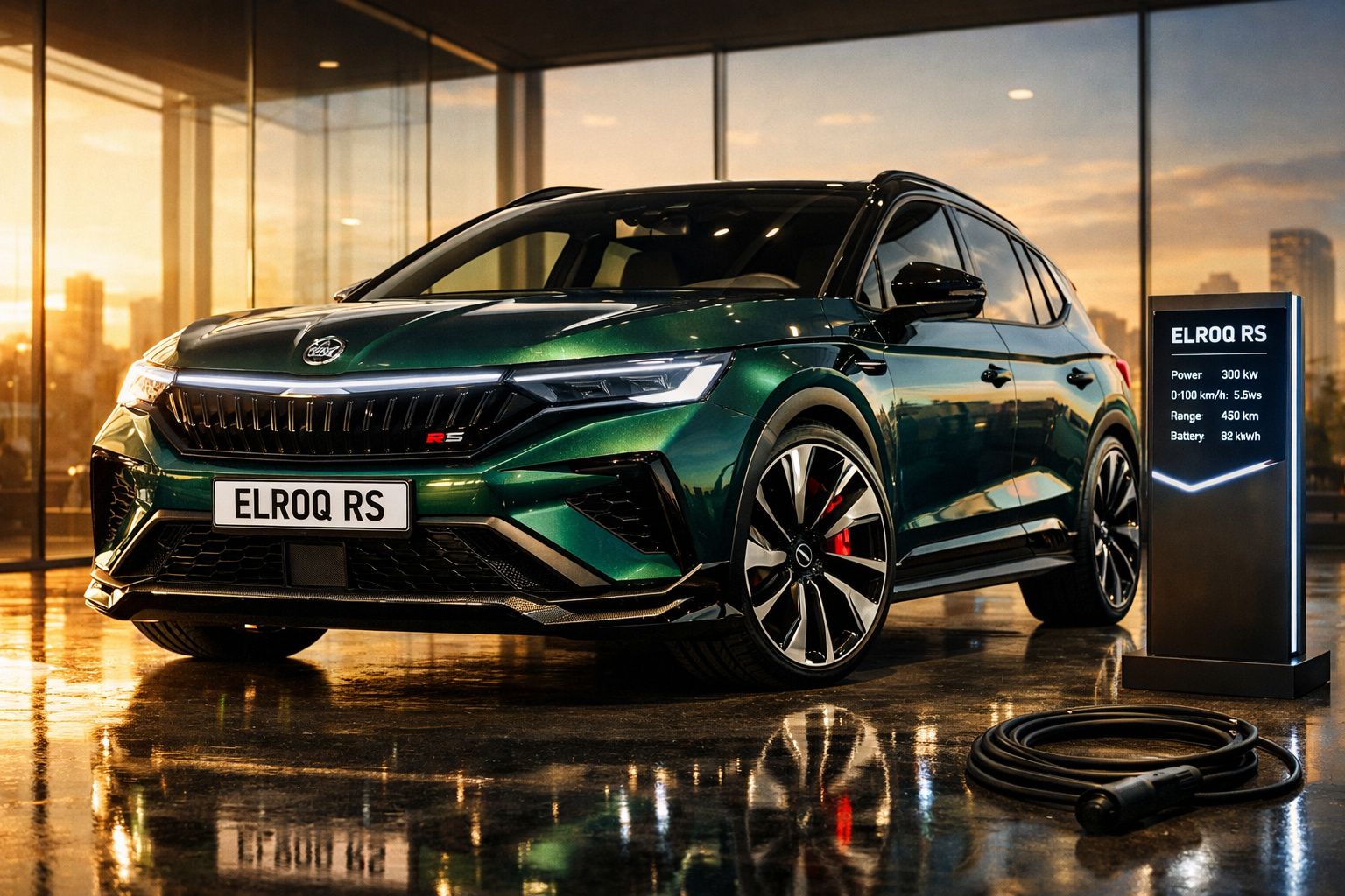 Carro elétrico verde Skoda ELROQ RS estacionado junto a coluna de carregamento em garagem moderna.