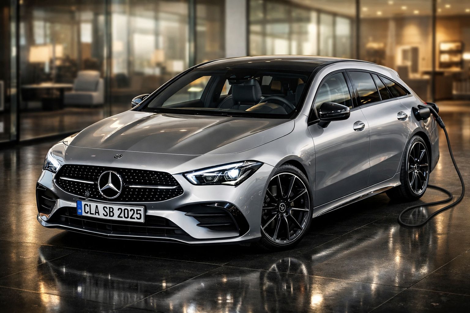 Carro elétrico Mercedes-Benz prata estacionado interiormente a carregar na tomada.