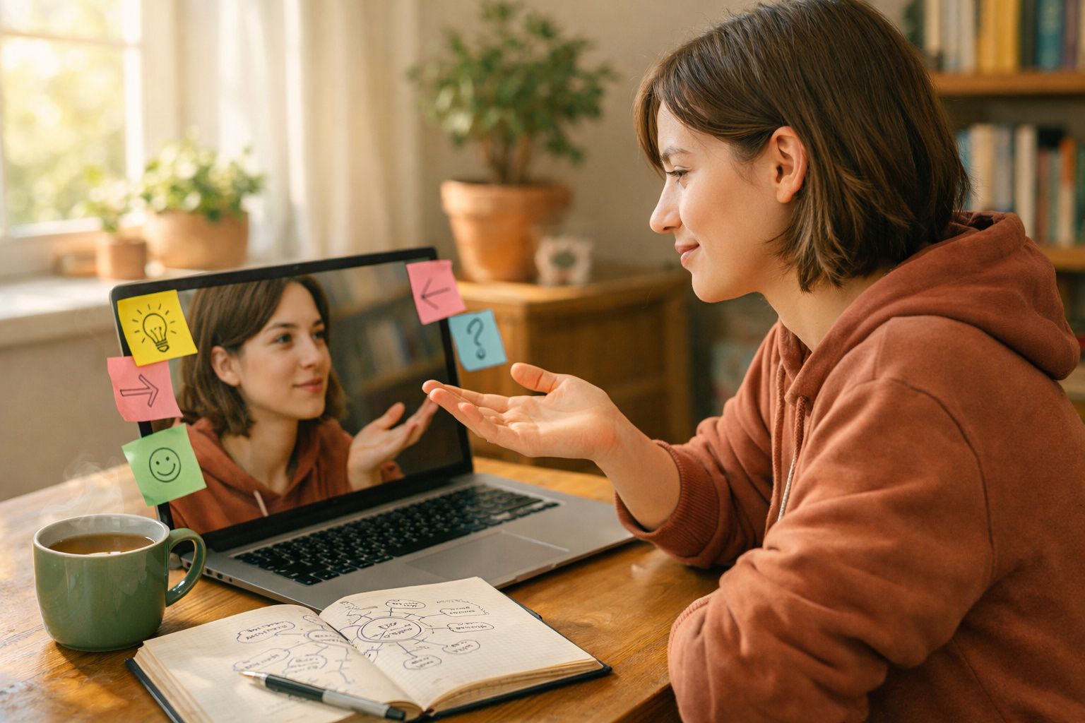 Mulher numa mesa conversa consigo mesma refletida no ecrã do computador portátil numa sala com luz natural.