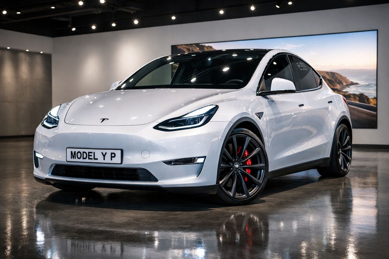 Carro elétrico Tesla Model Y branco em exposição numa sala moderna com chão brilhante.