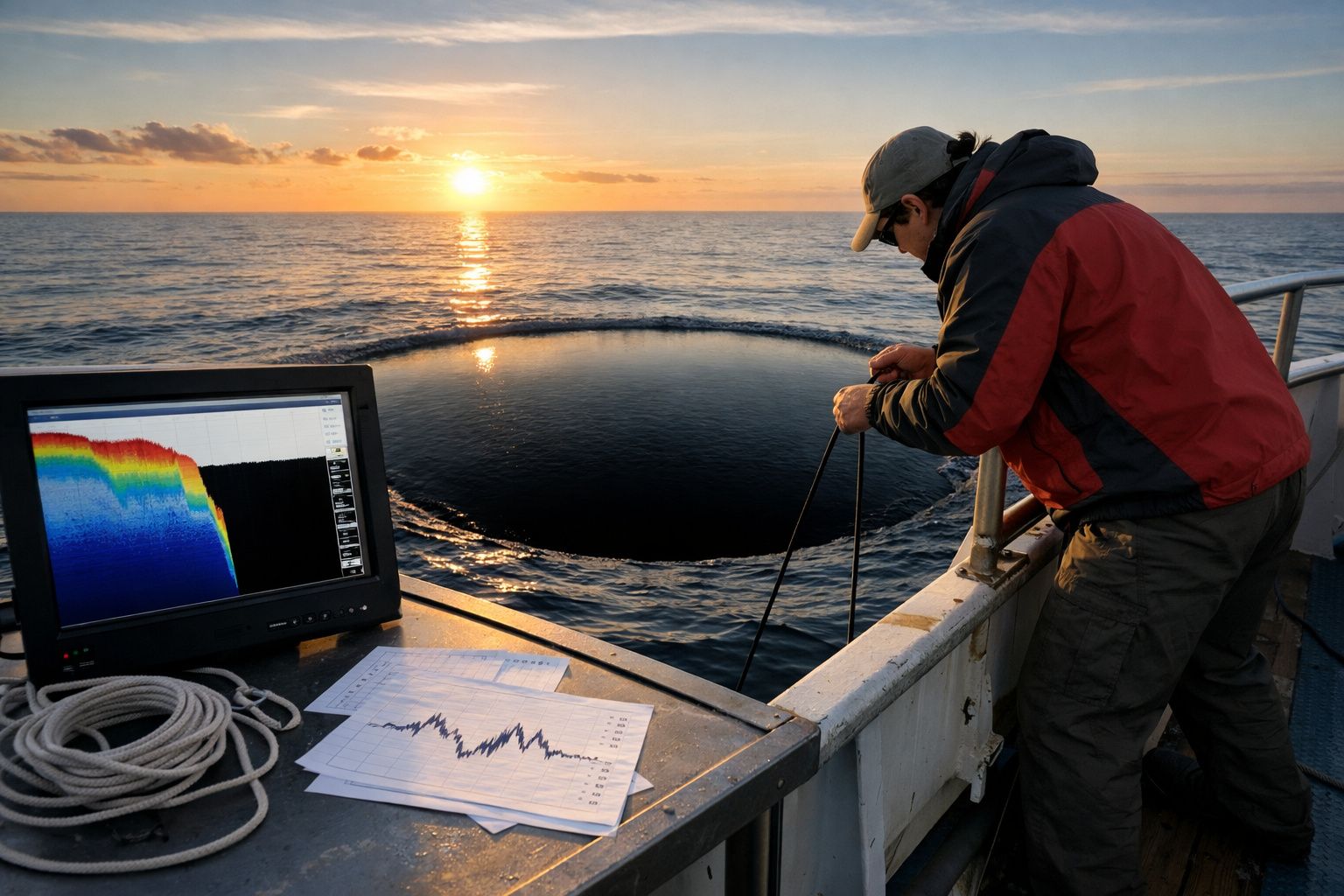 Pessoa observa buraco circular na água do mar durante pôr do sol a bordo de barco com equipamento de pesquisa.