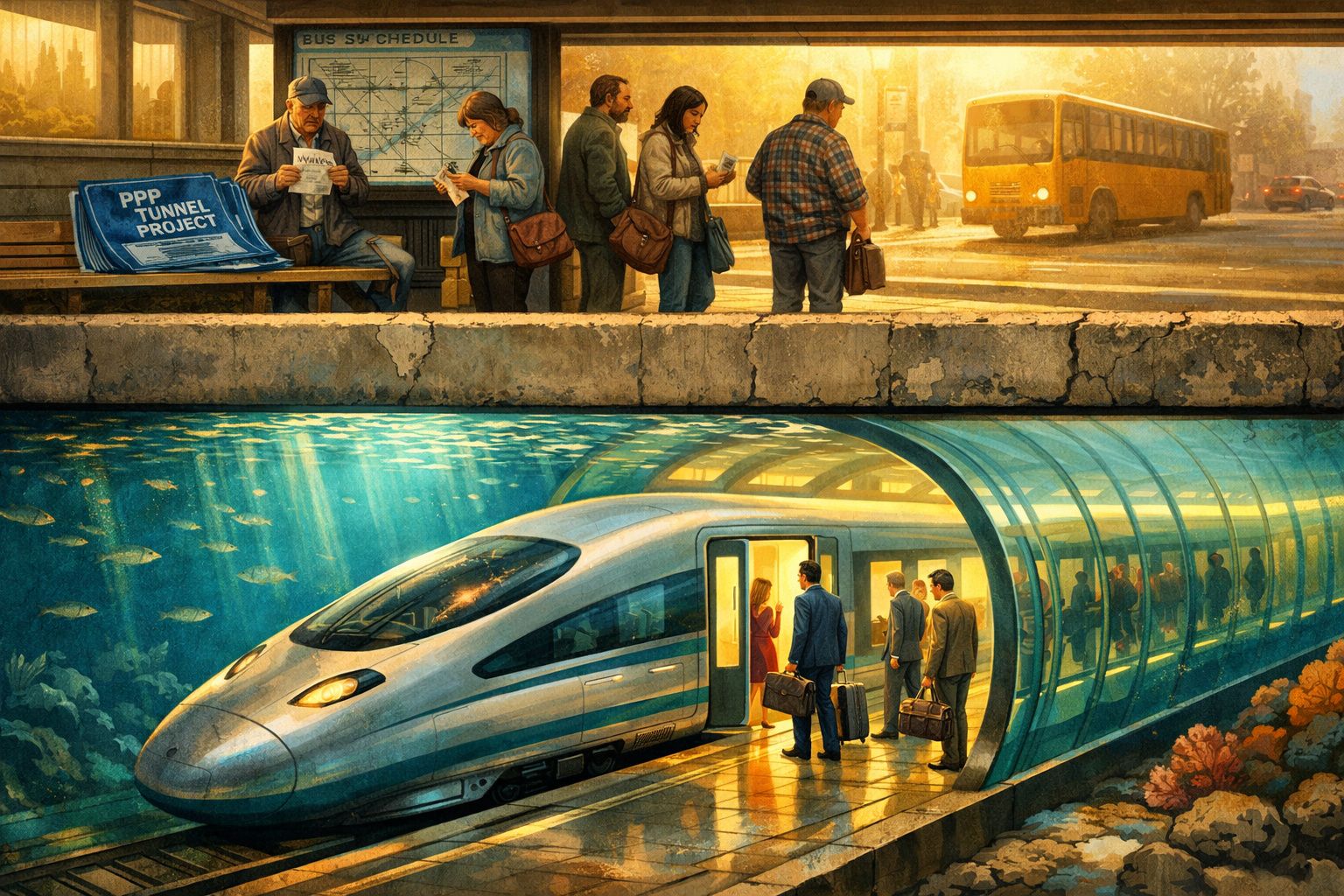 Comboio submarino moderno com passageiros a entrar numa estação envolvida por um túnel de vidro com vida marinha.