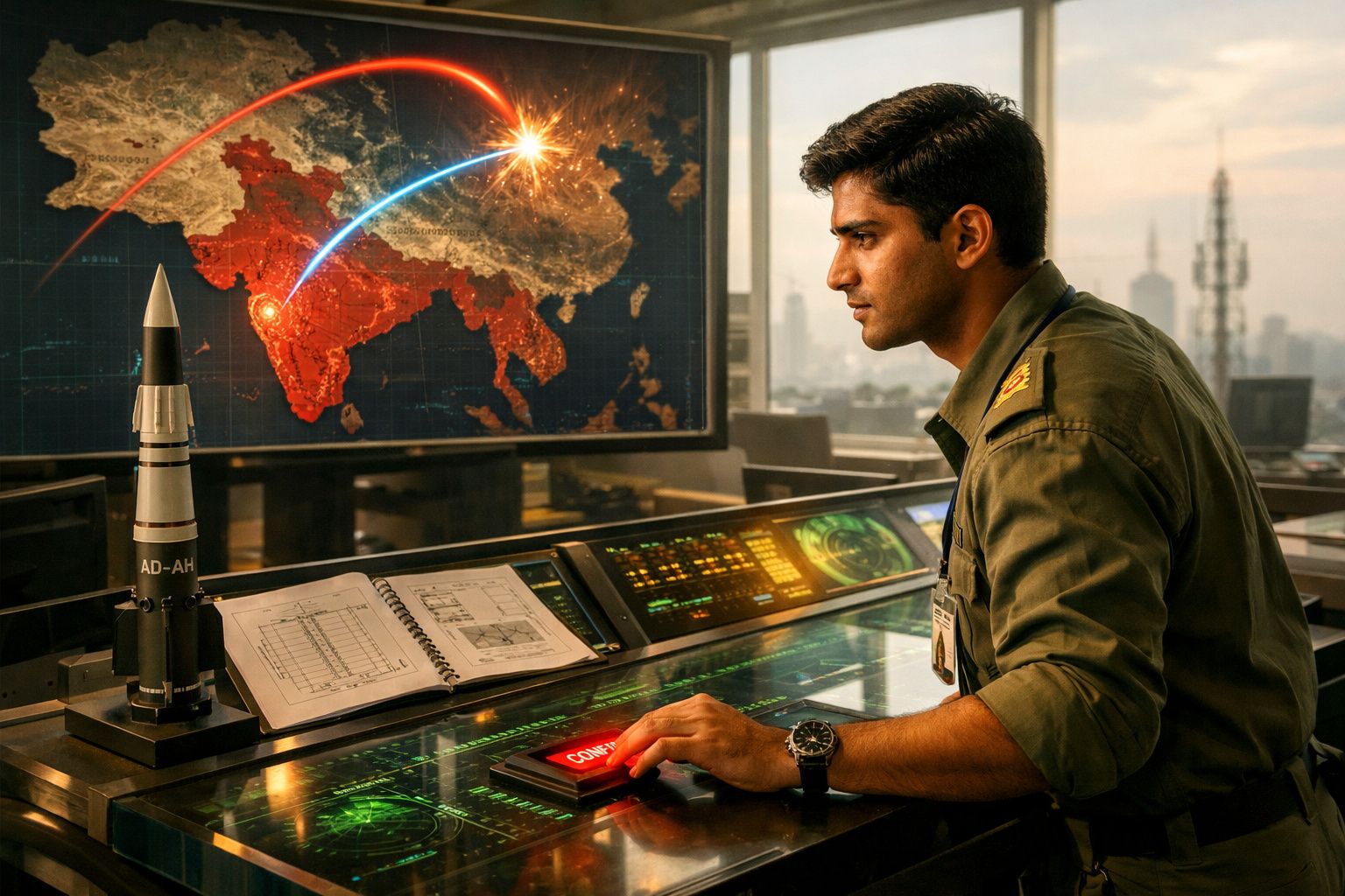 Homem em uniforme militar pressiona botão vermelho numa sala de controlo com mapa de mísseis na tela.